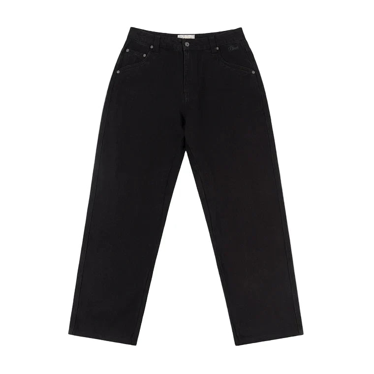 Dime MTL Relaxed Denim Pant in black, the relaxed-to-straight skate cut — Dime vs Butter Goods denim fit and sizing at Gallery Streetwear, Kelowna BC