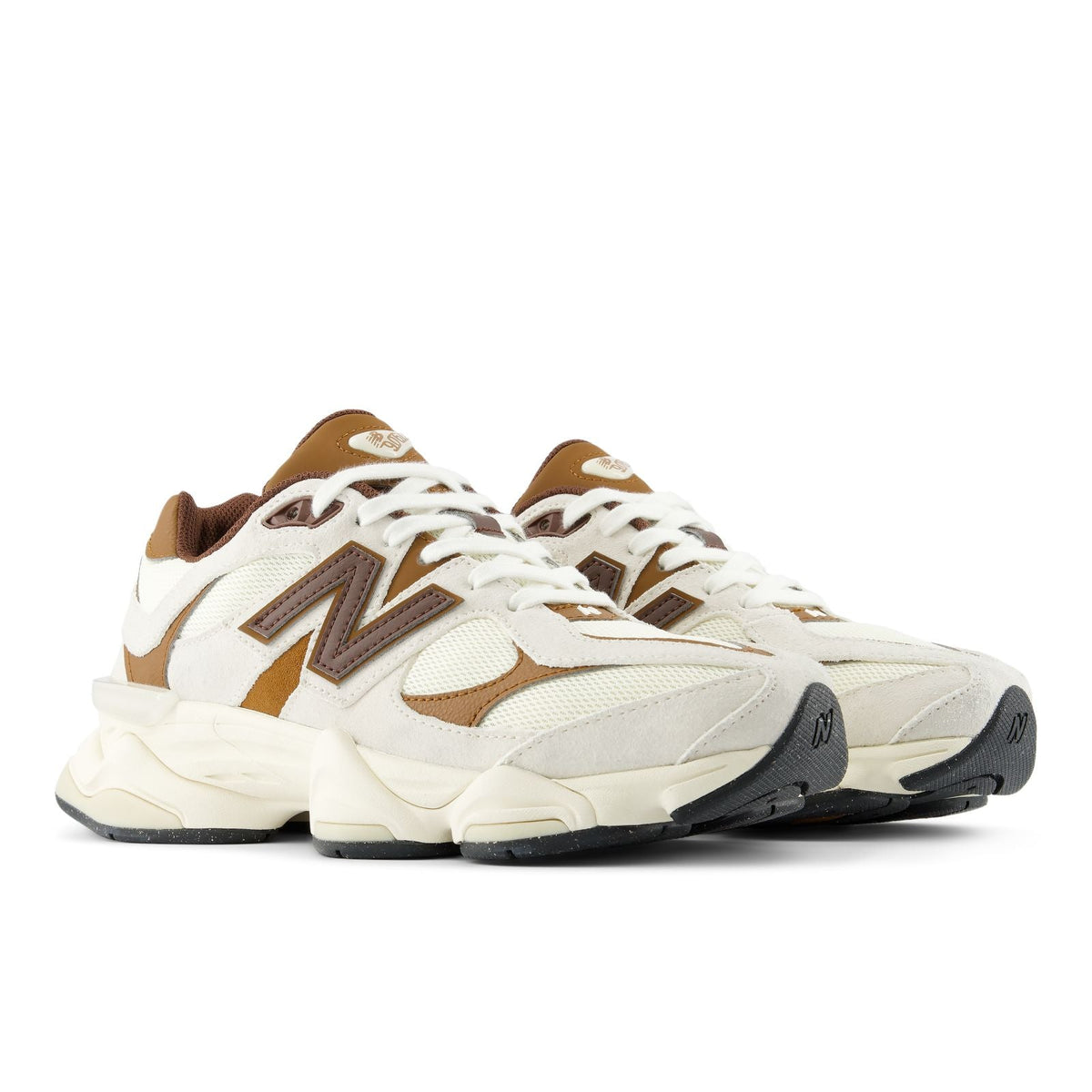 New Balance 9060 in Breakfast Tea and Angora, three-quarter view showing tan suede overlays on a cream upper