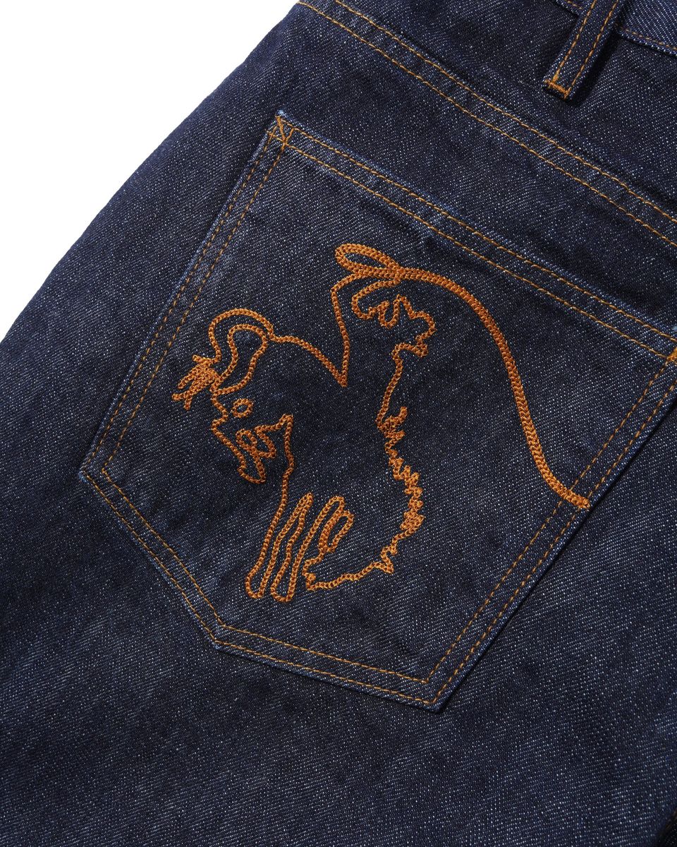 Cash Only Rodeo Denim Jeans Blue Selvedge - bronco back pocket embroidery