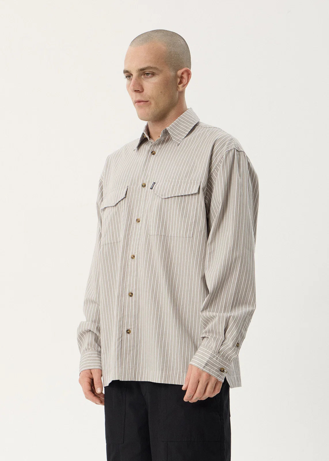 Afends Lennox Organic Oversized Long Sleeve Shirt – Olive Stripe