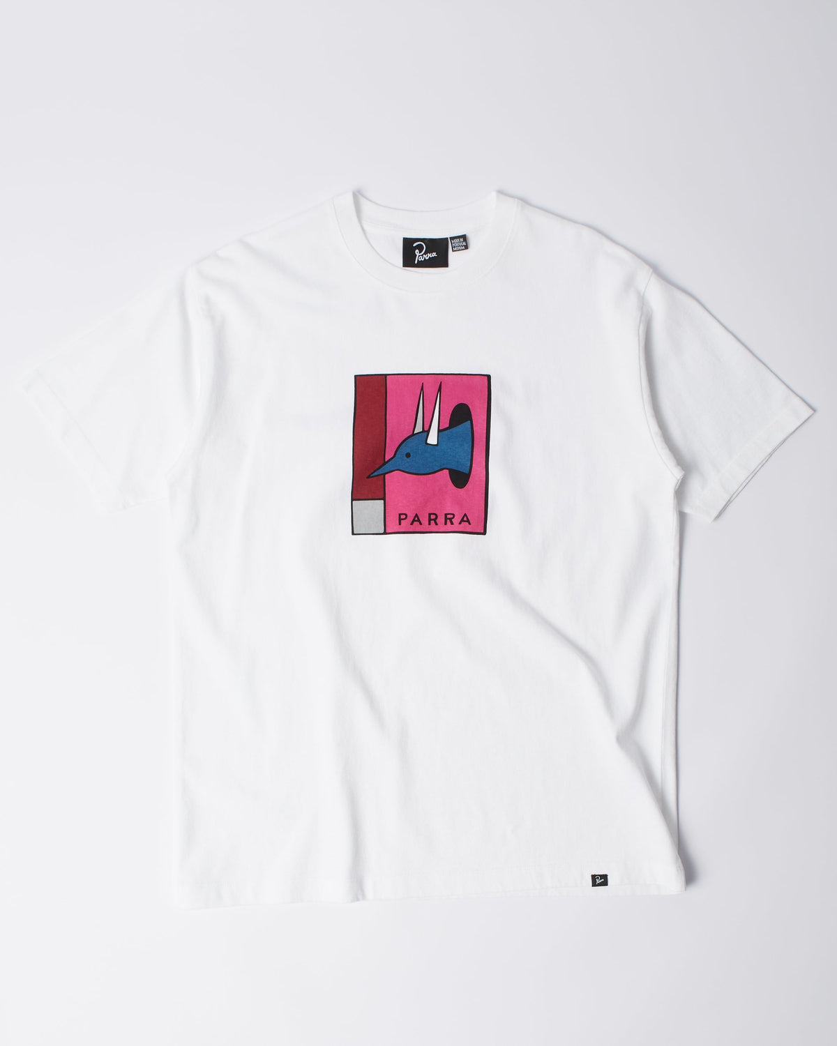 Parra The Hunted t-shirt in white, front view — Piet Parra graphic cotton tee