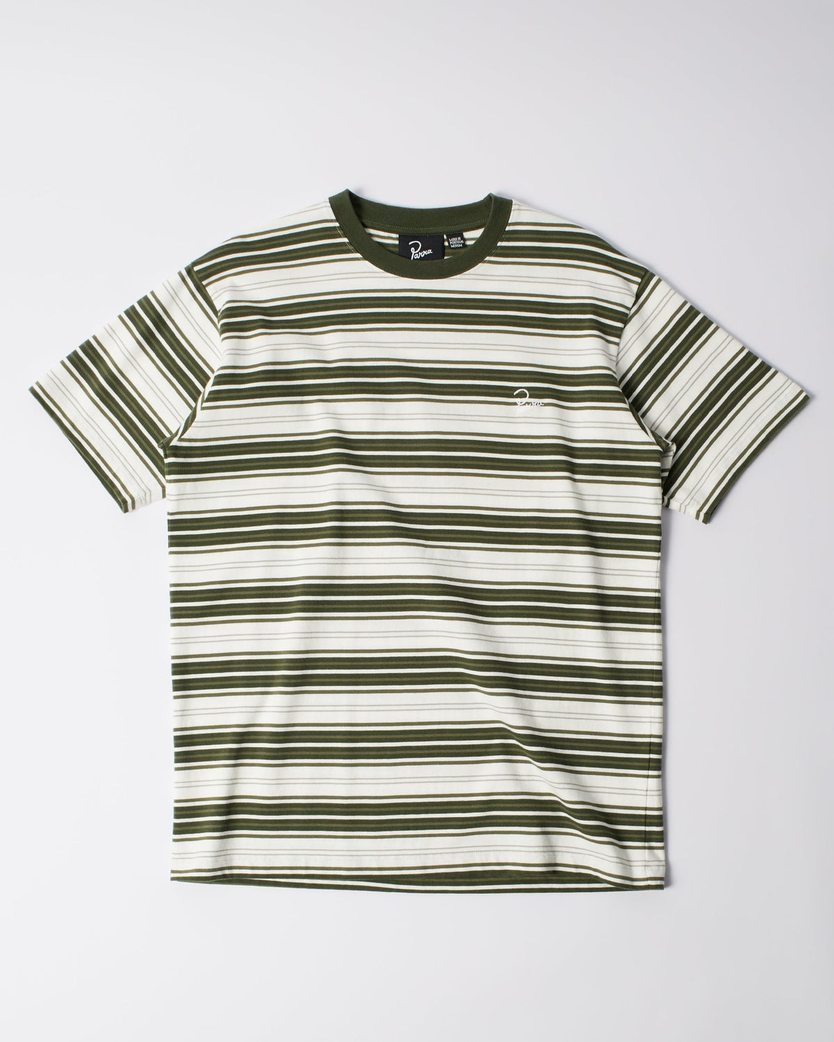 Parra Signature Striped t-shirt in green, front view — striped cotton tee