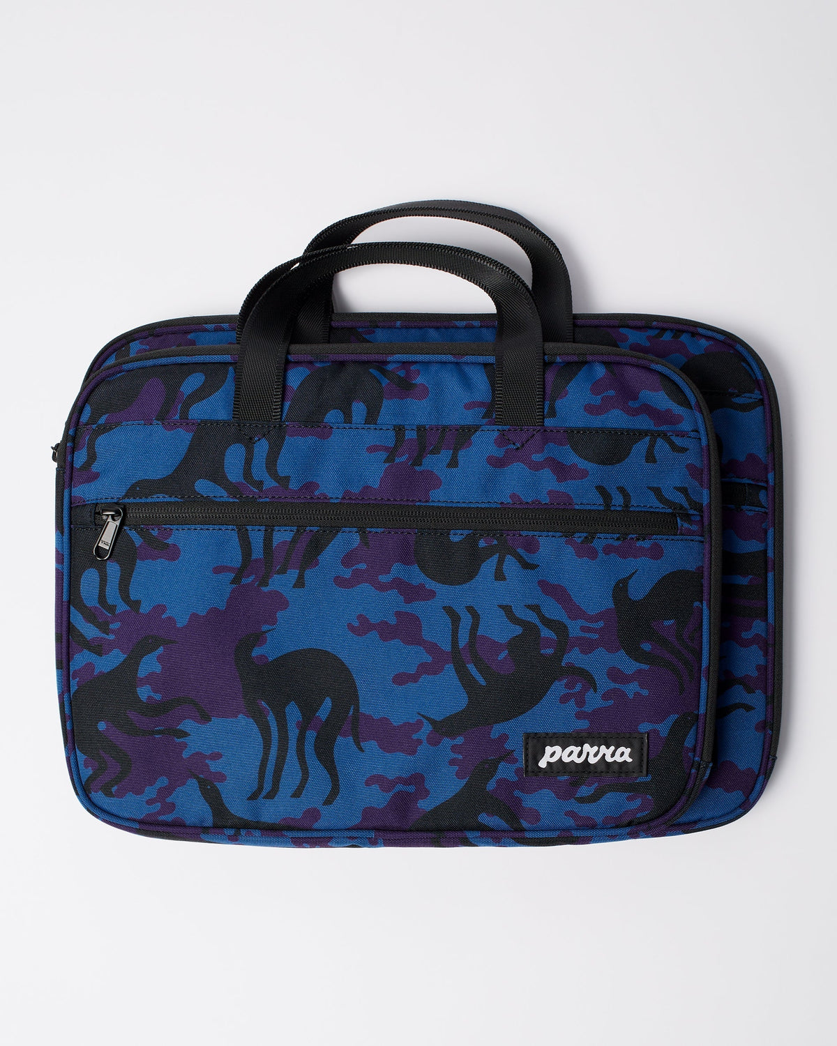 Parra Purple Camo Beast laptop sleeve — scale reference