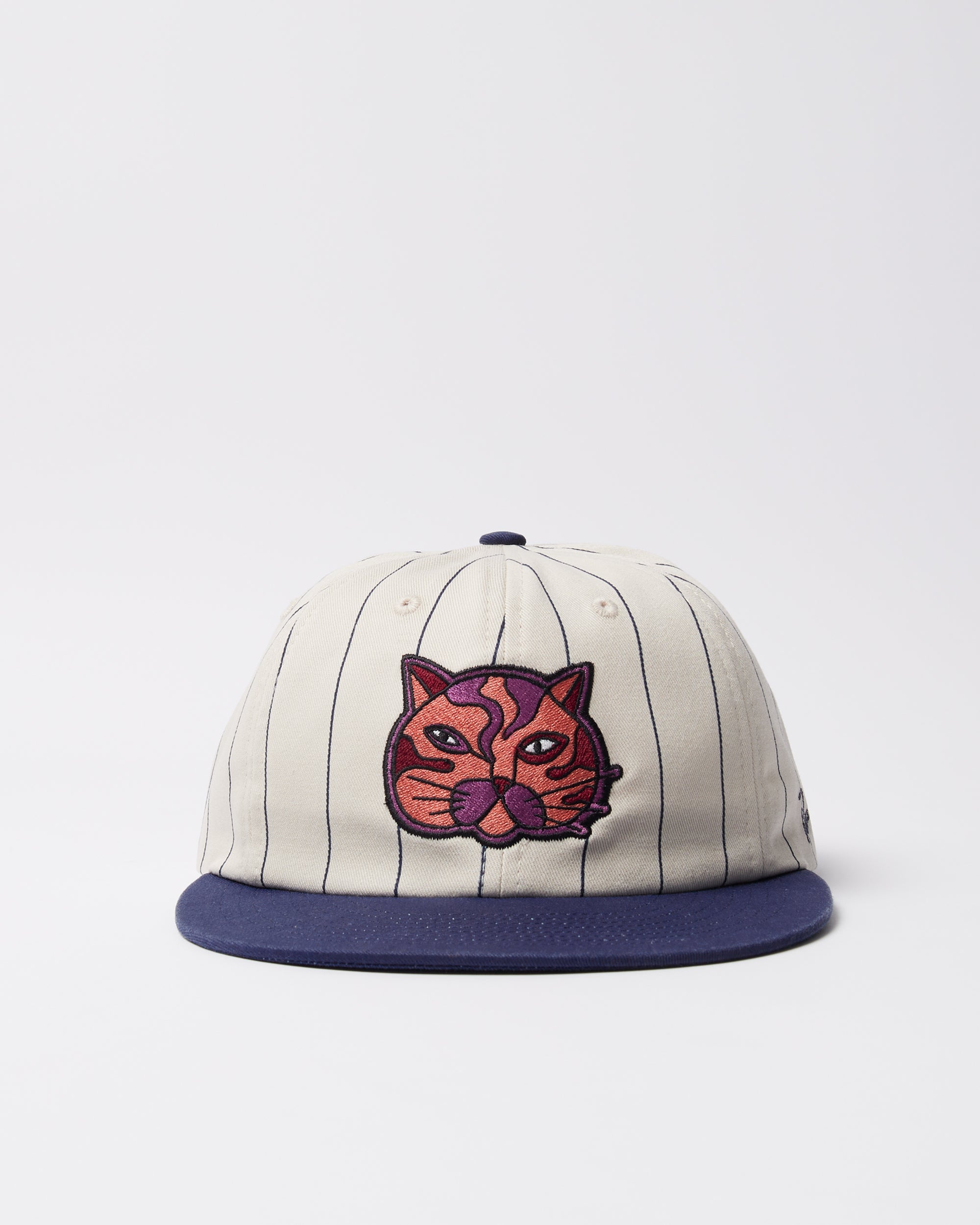 Parra Earl Face 6 panel hat in blue, front view — embroidered Earl the cat