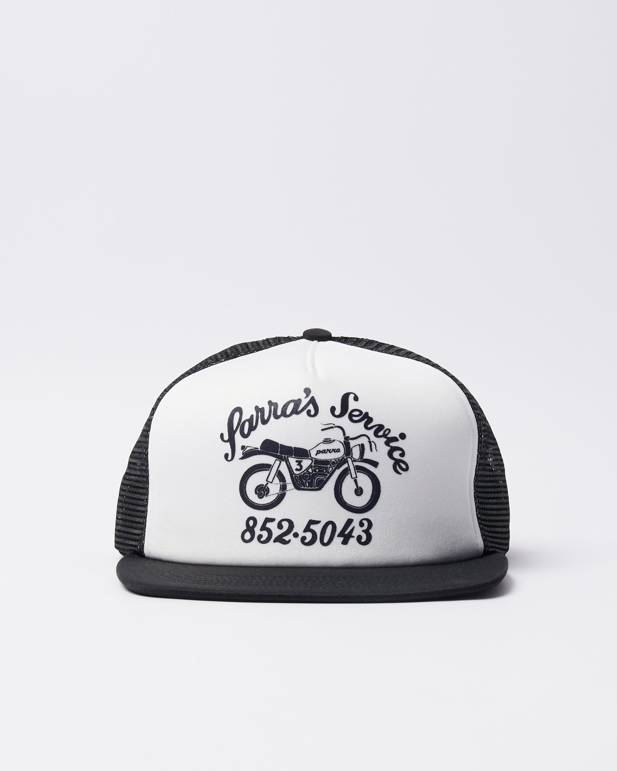 Parra Moto Service 5 panel hat in black, front view