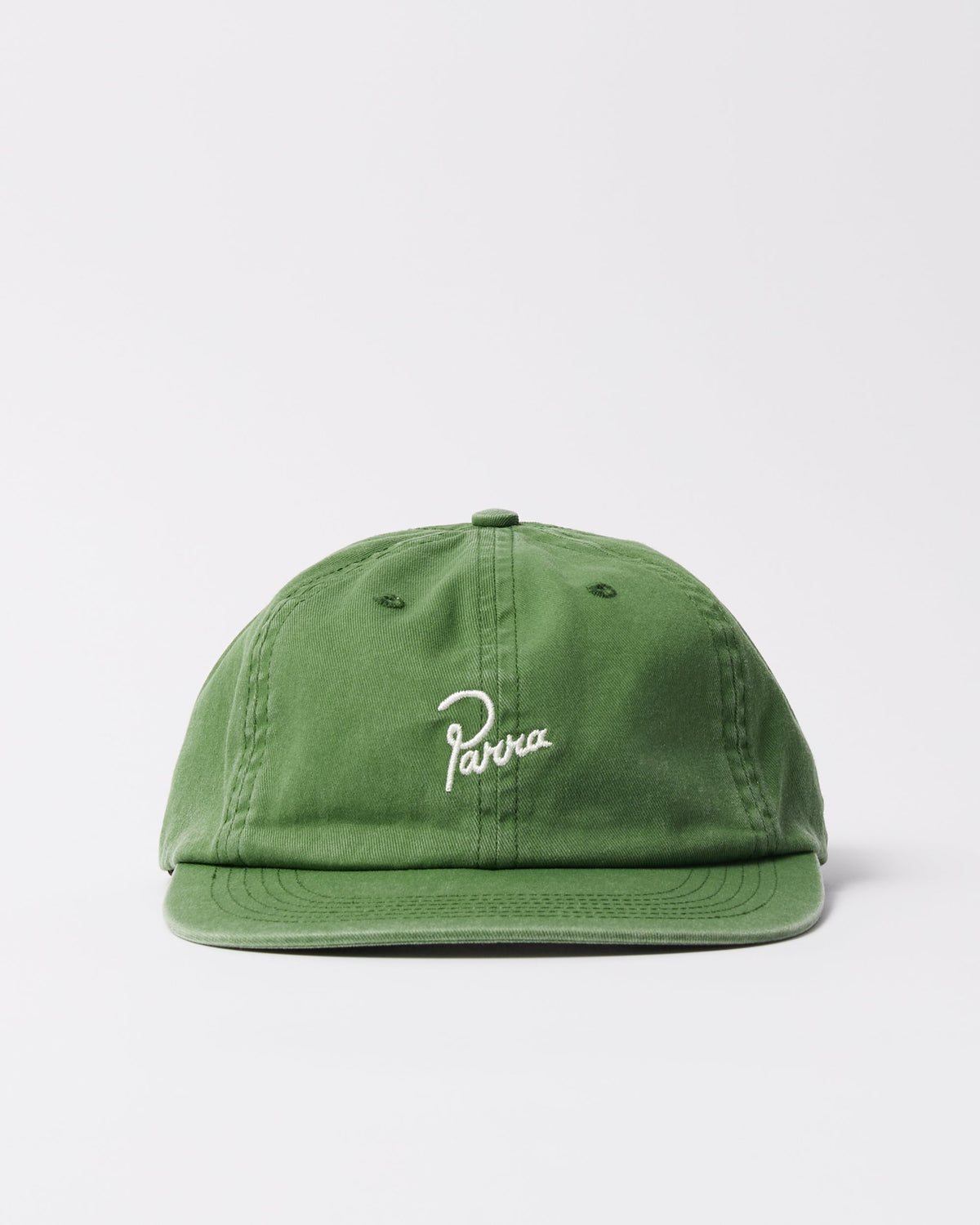 Parra Signature 6 panel hat in green, front view — embroidered script