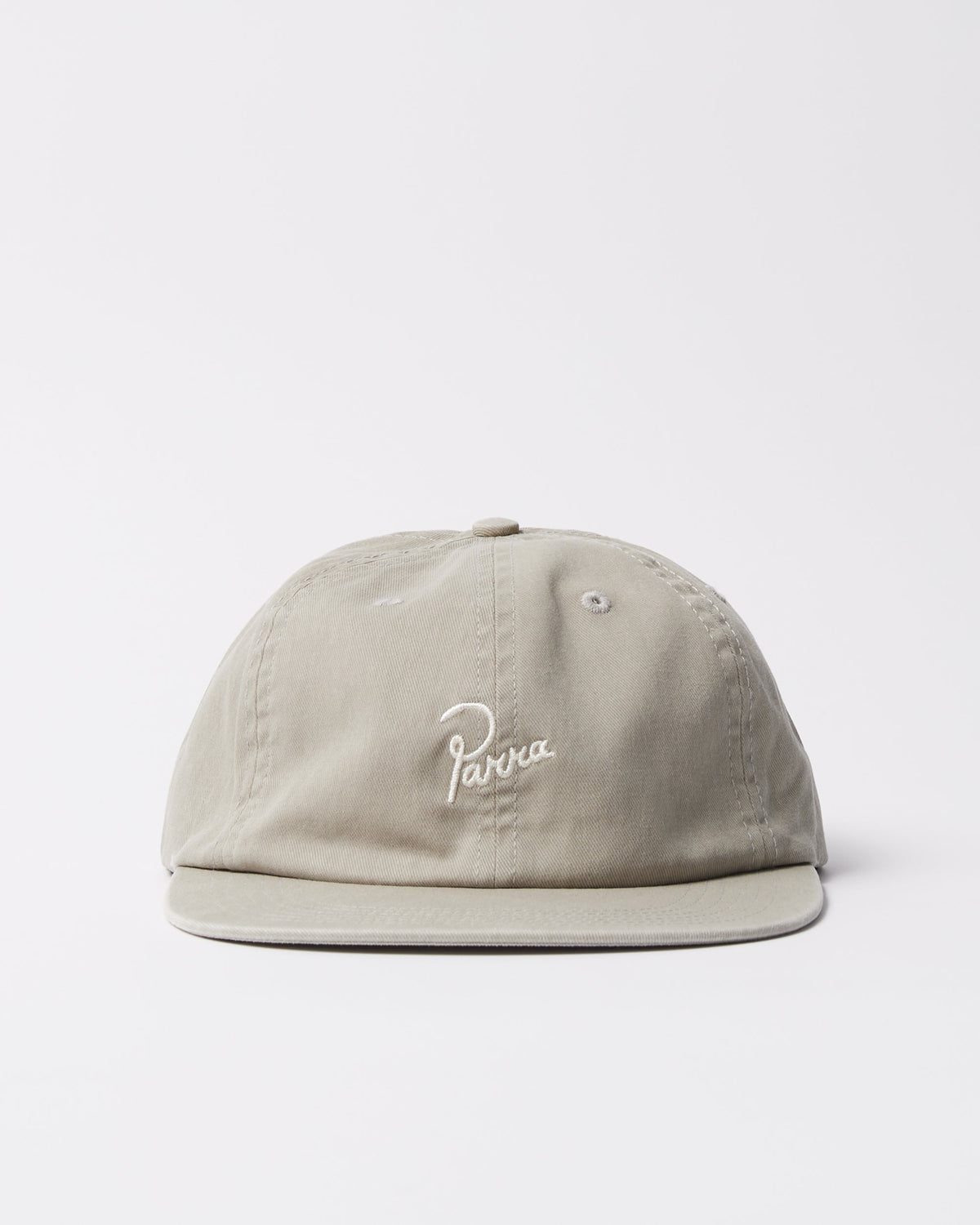 Parra Signature 6 panel hat in grey, front view — embroidered script