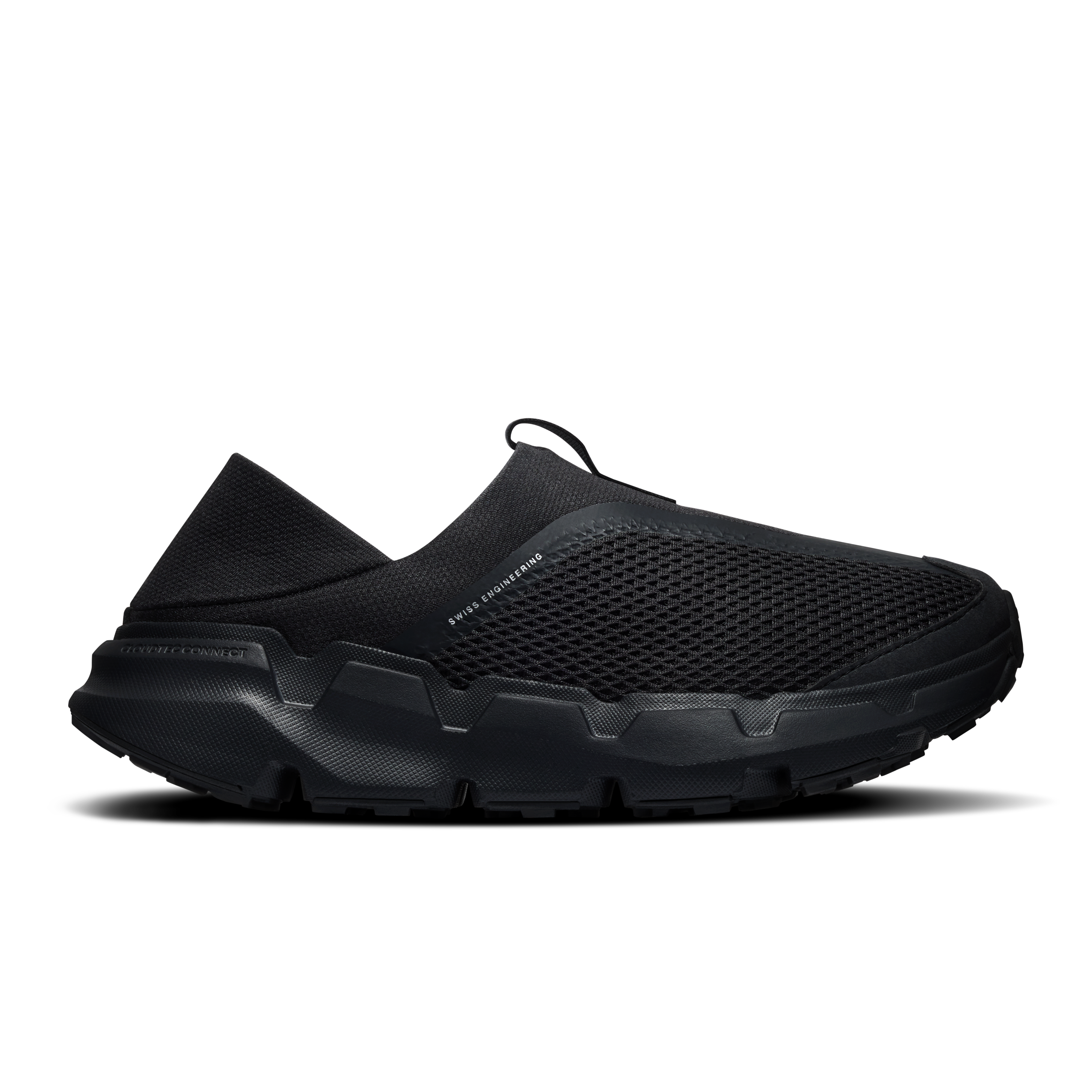 On Cloudsoma Moc women's slip-on hiking shoe in black, lateral view