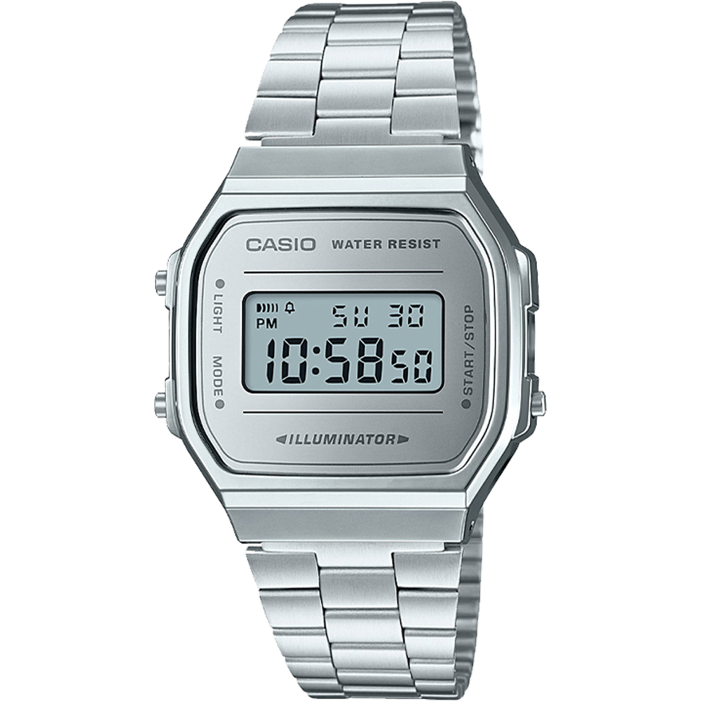 Casio A168WEM-7 full silver vintage digital watch – front
