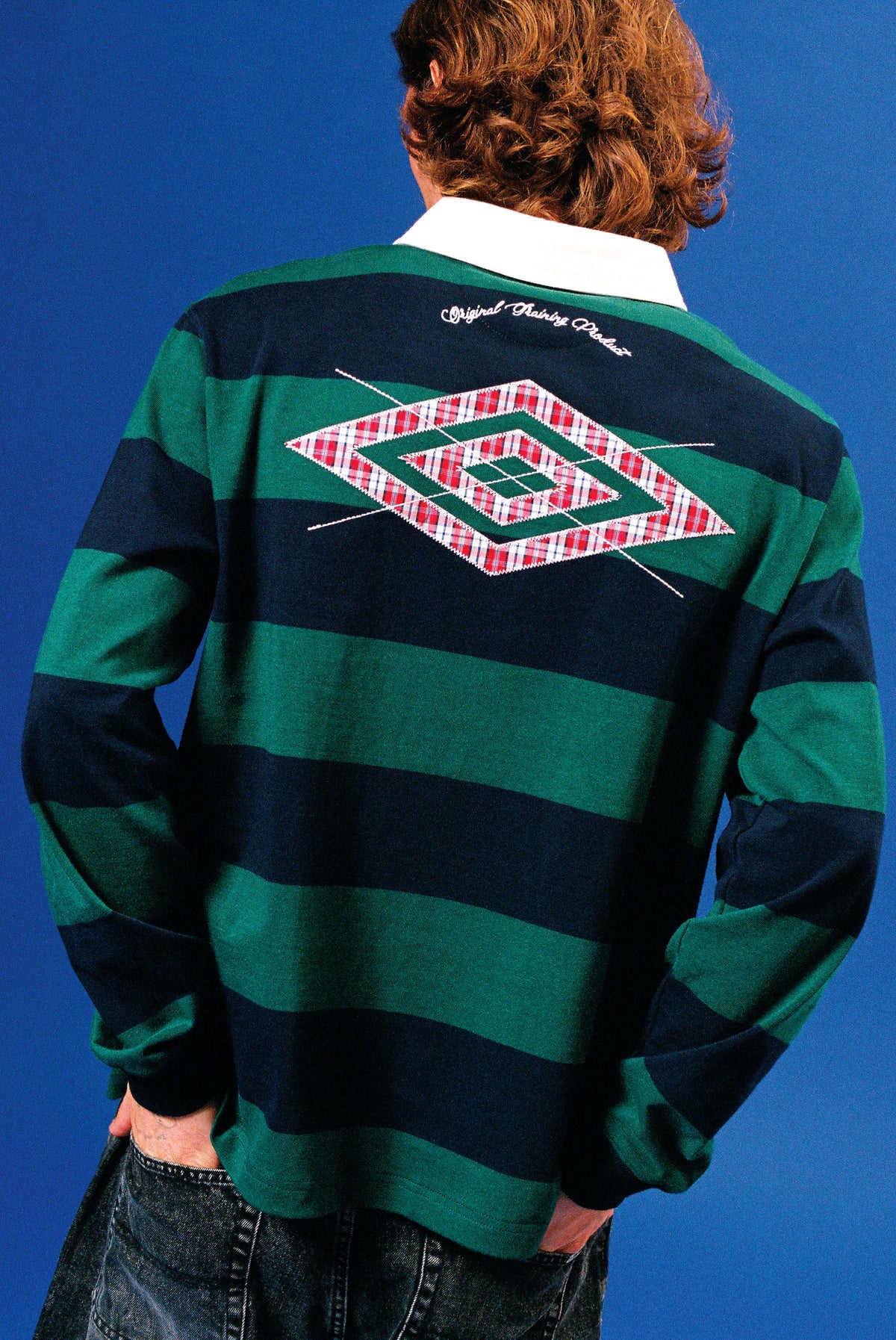 Butter Goods x Umbro Victory Rugby Polo Navy / Forest — worn by model