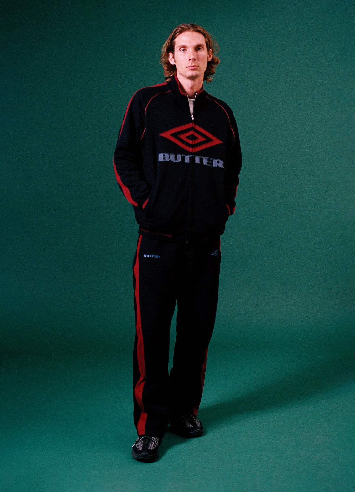 Butter Goods x Umbro Diamond Fleece Zip-Thru Jacket Black — worn by model