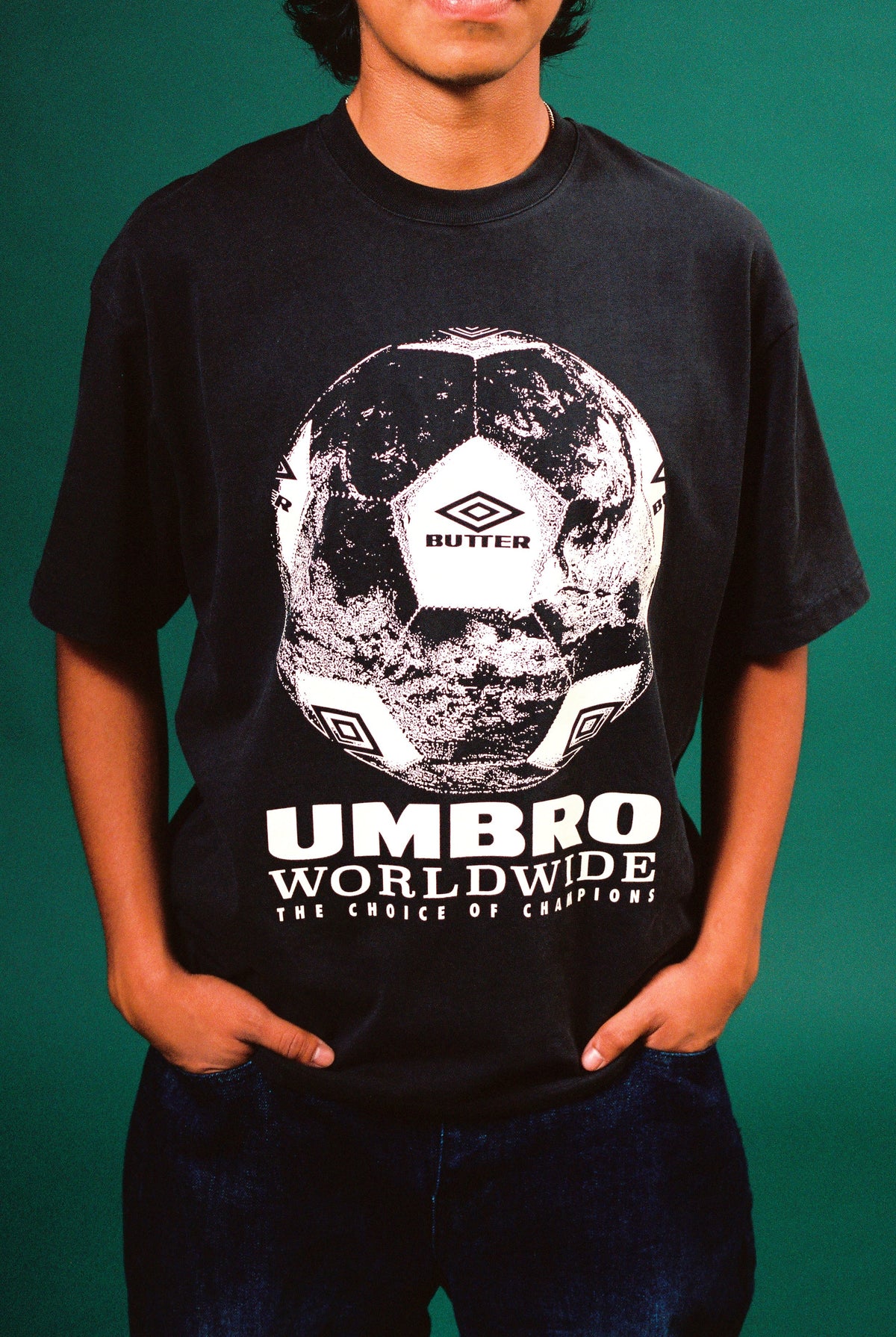 Butter Goods x Umbro World Game Tee Washed Black — worn by model