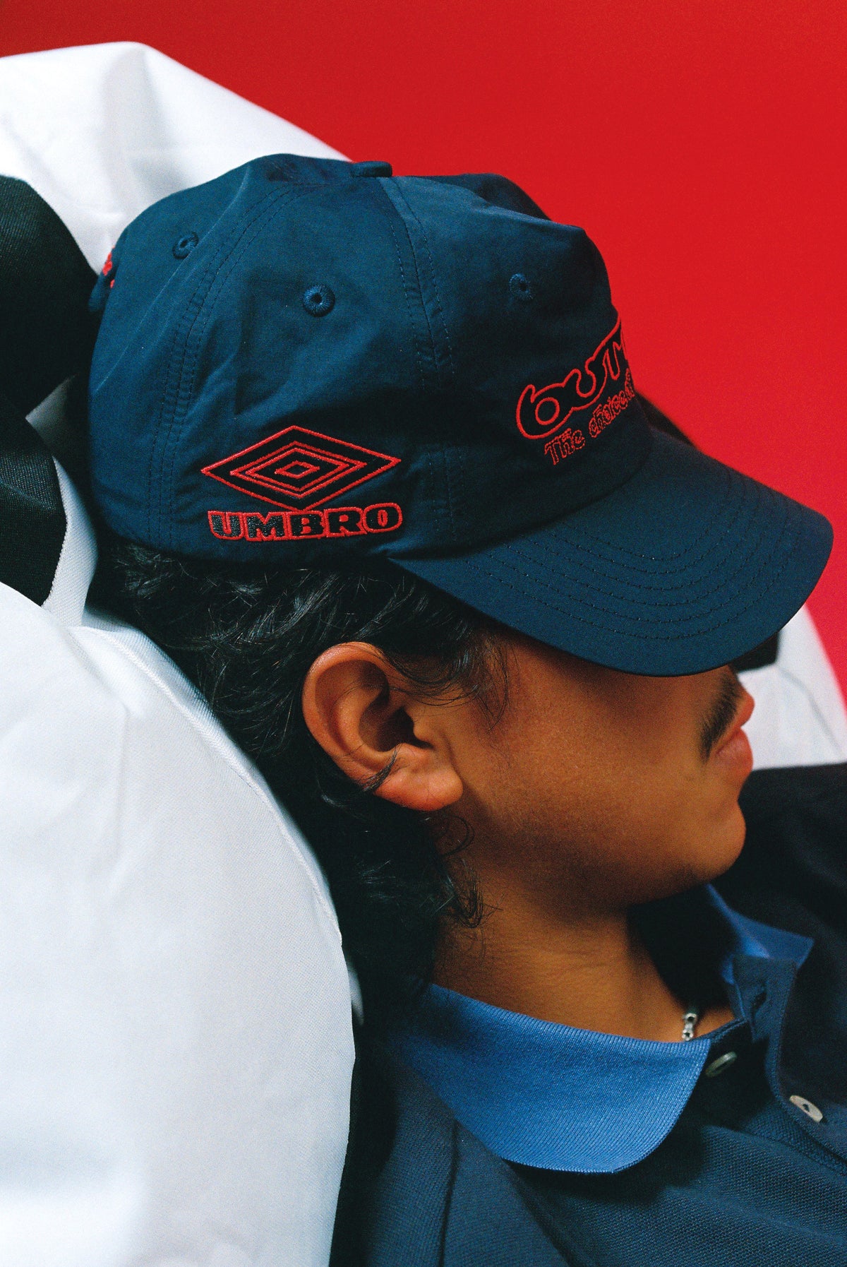 Butter Goods x Umbro Victory 5 Panel Cap Navy — worn by model
