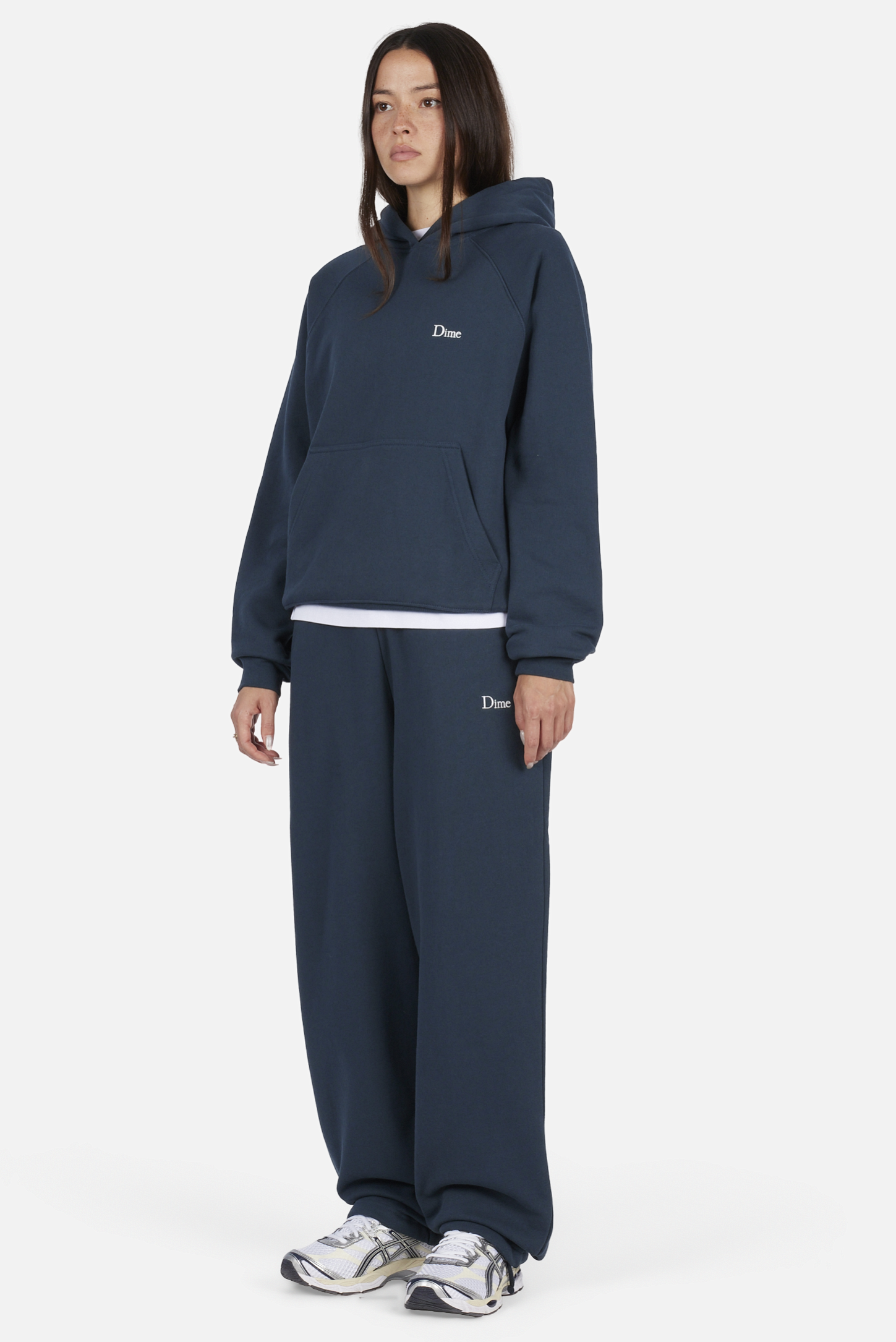 Dime MTL Classic Small Logo Hoodie Navy — worn by model