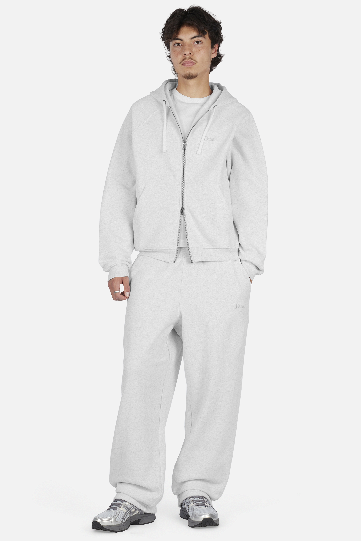 Dime MTL Classic Small Logo Zip Hoodie Ash — worn by model