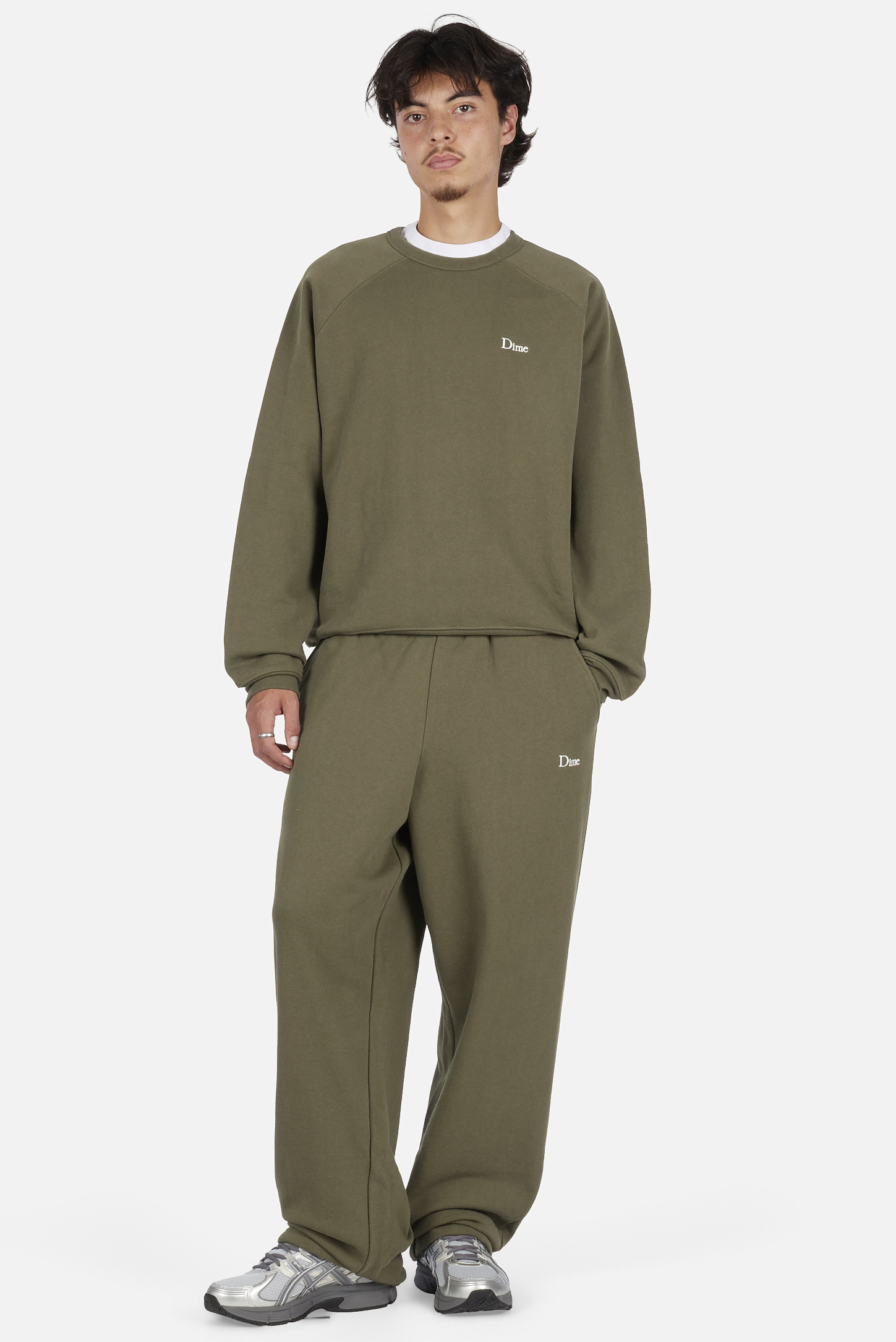 Dime MTL Classic Small Logo Sweatpants Ivy Green — worn by model