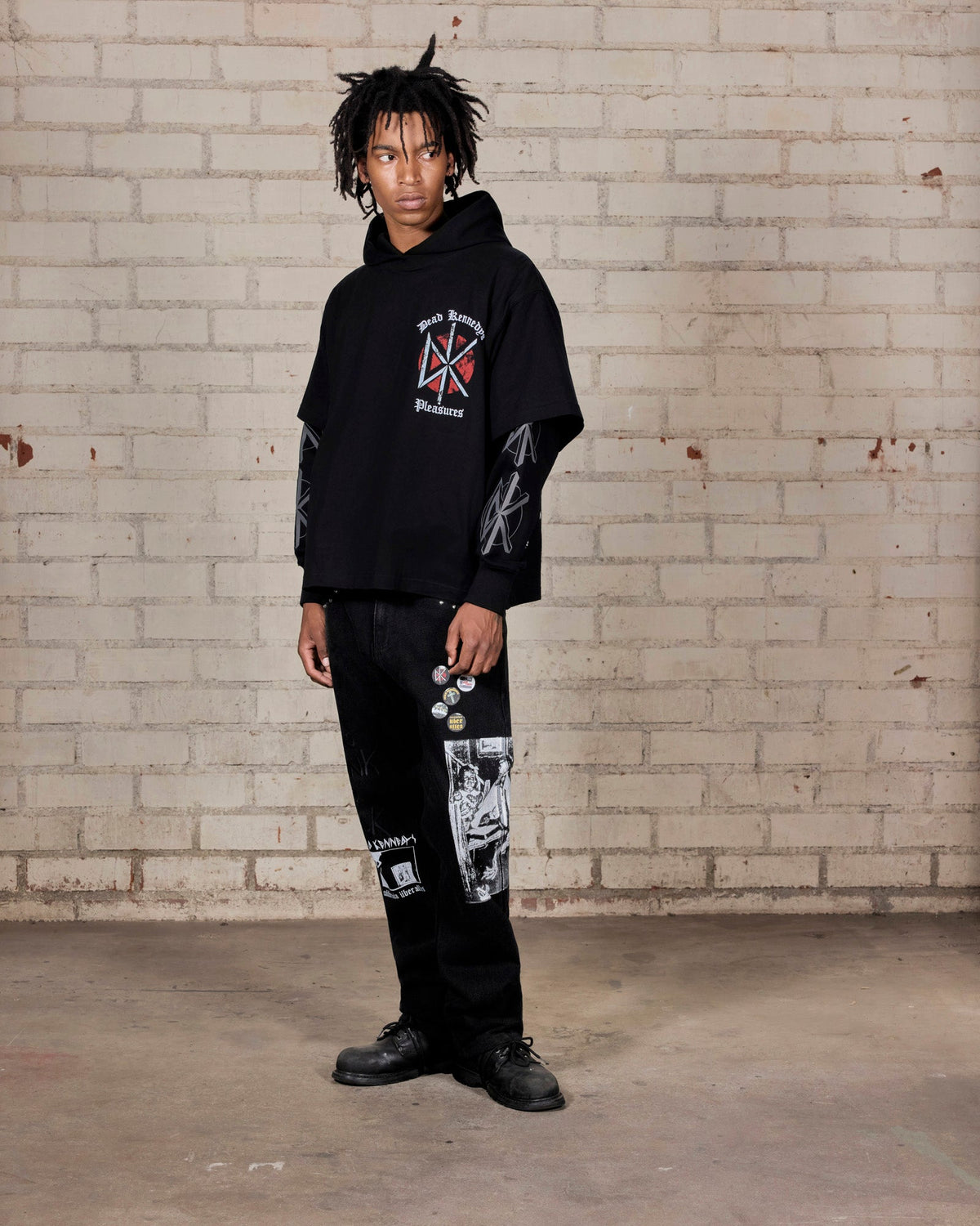 Pleasures Kennedys Layered Hoodie Black — black layered hoodie worn on model, Gallery Streetwear Canada