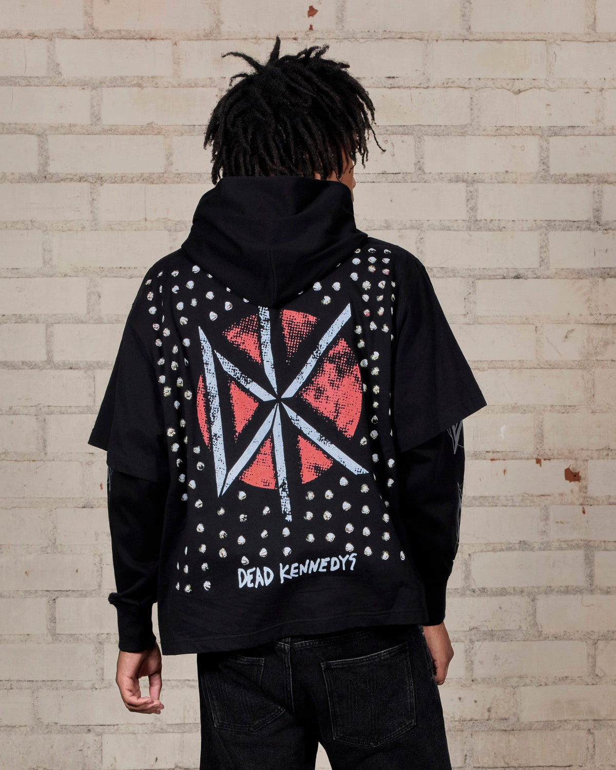 Pleasures Kennedys Layered Hoodie Black — black layered hoodie worn on model, Gallery Streetwear Canada