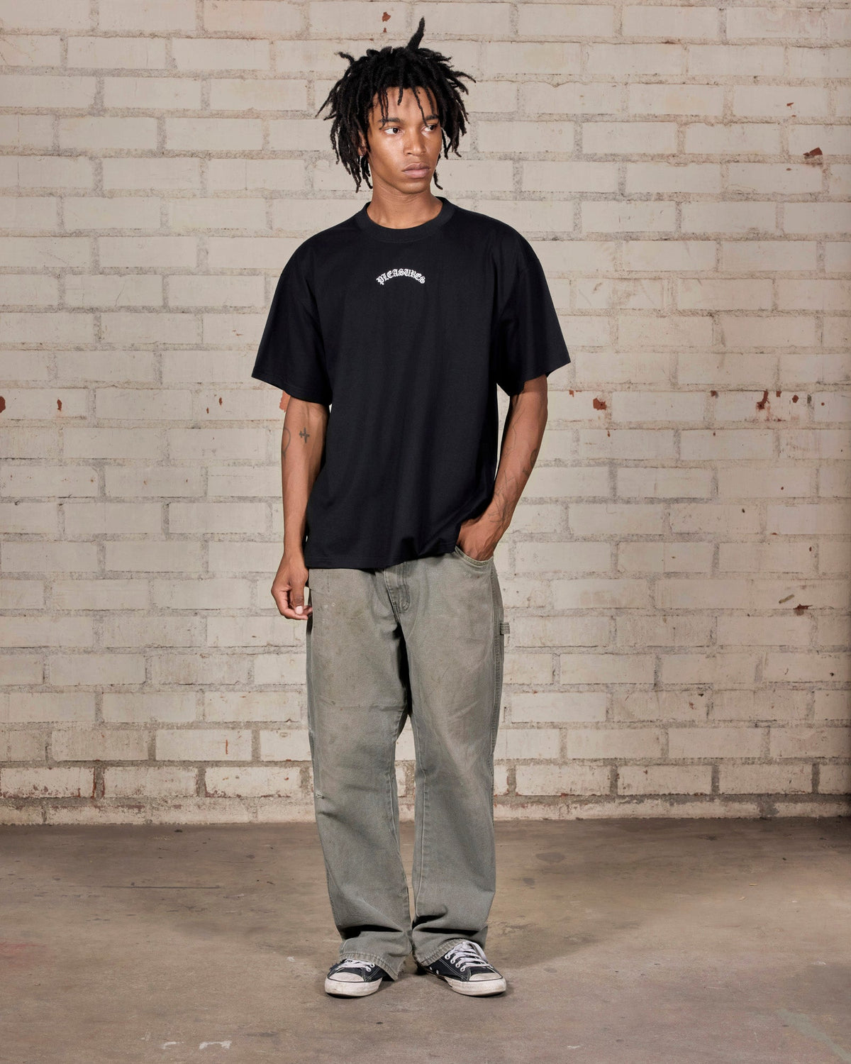 Pleasures Athor T-Shirt Black — black cotton t-shirt worn on model, Gallery Streetwear Canada