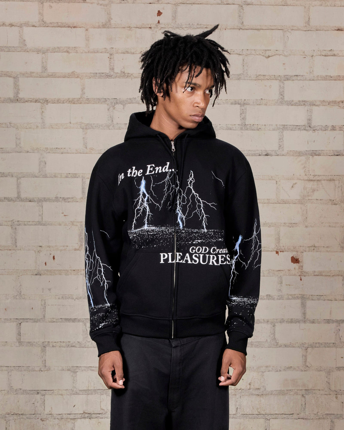 Pleasures End Times Zip Hoodie Black — black zip hoodie worn on model, Gallery Streetwear Canada
