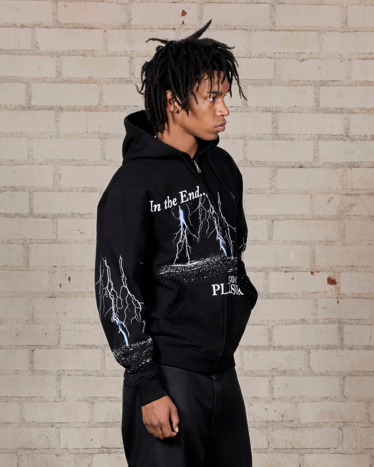 Pleasures End Times Zip Hoodie Black — black zip hoodie worn on model, Gallery Streetwear Canada