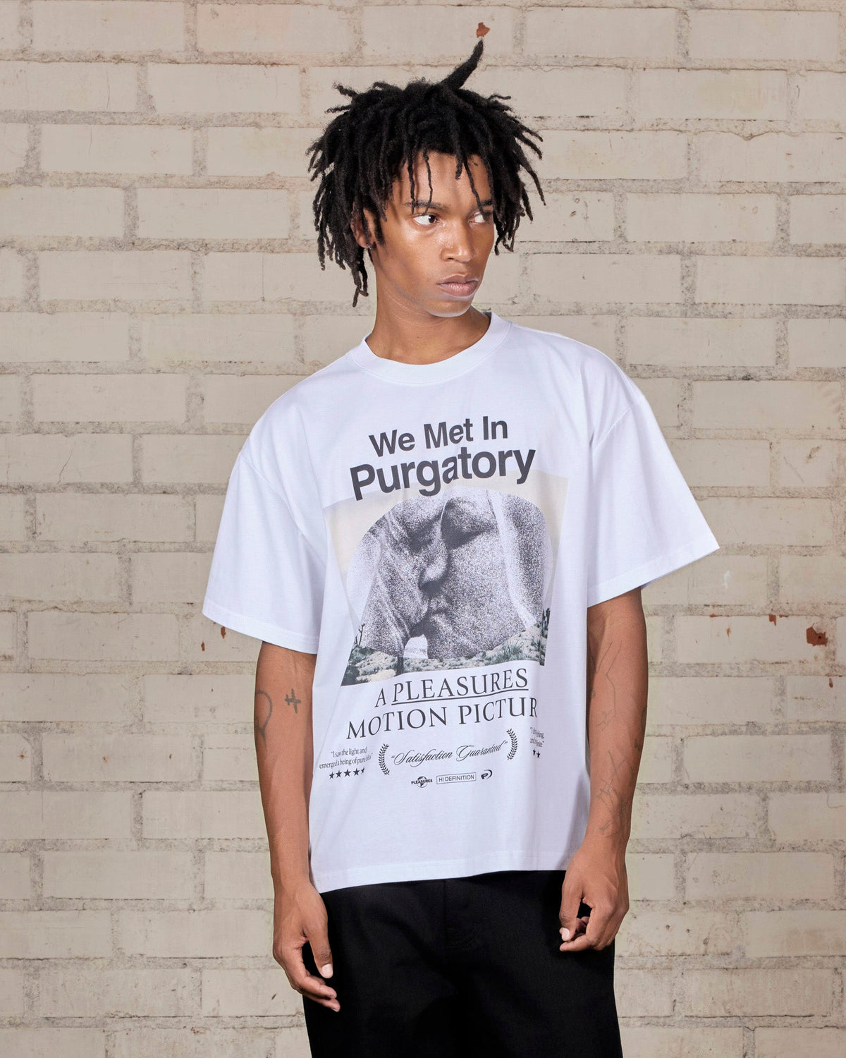 Pleasures Devotion T-Shirt White — white cotton t-shirt worn on model, Gallery Streetwear Canada