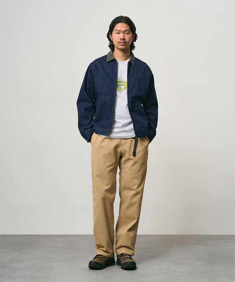 Gramicci Japanese Denim Trucker Jacket in Rinsed Indigo, on model