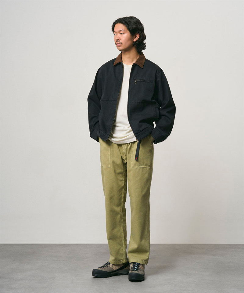 Gramicci Japanese Denim Trucker Jacket in True Black, on model