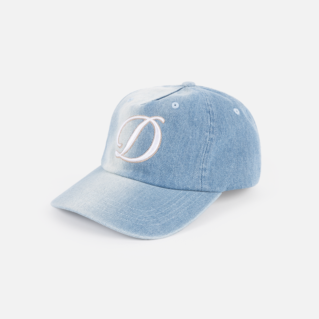Dime MTL Cursive Denim Worker Cap in Blue Washed, front view
