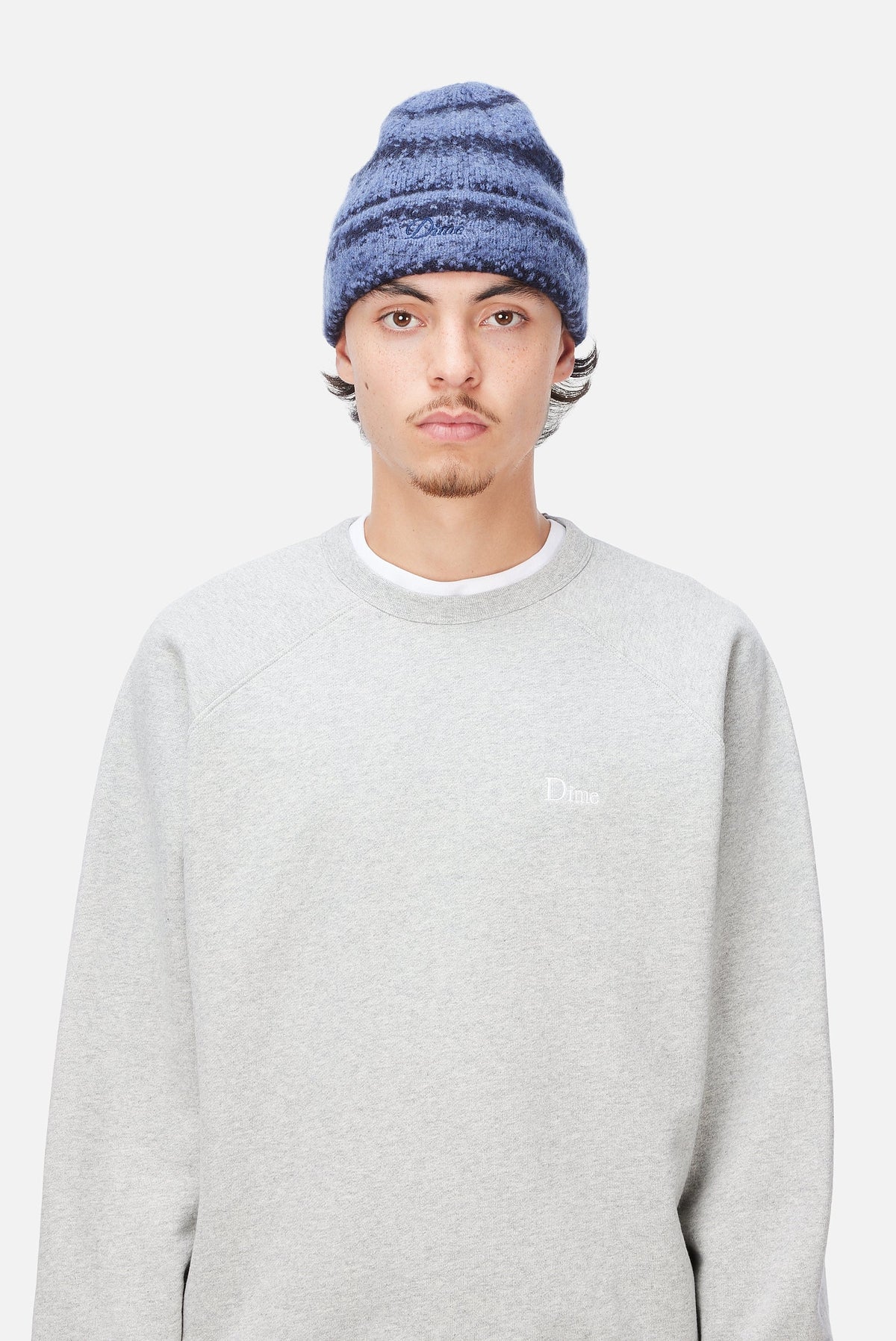 Dime MTL Mohair Striped Beanie Blue — worn by model