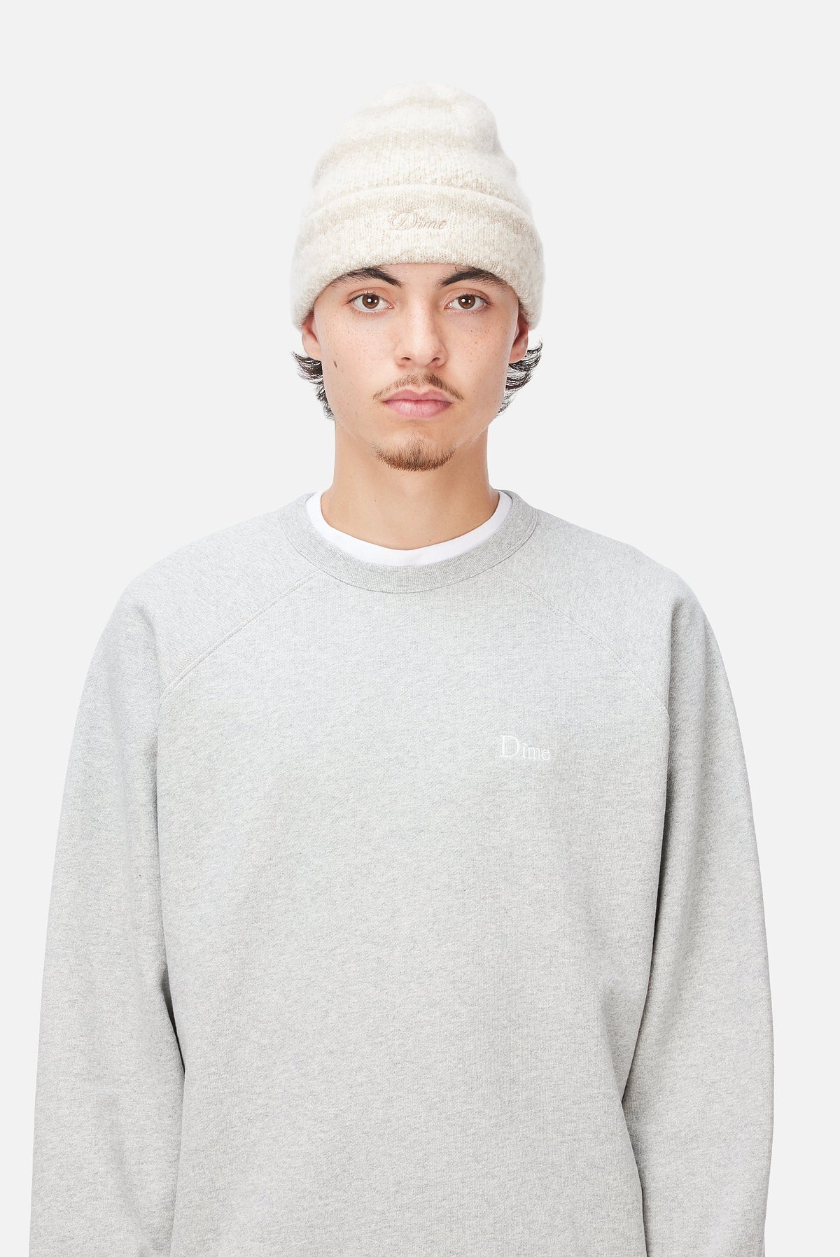 Dime MTL Mohair Striped Beanie Cream — worn by model