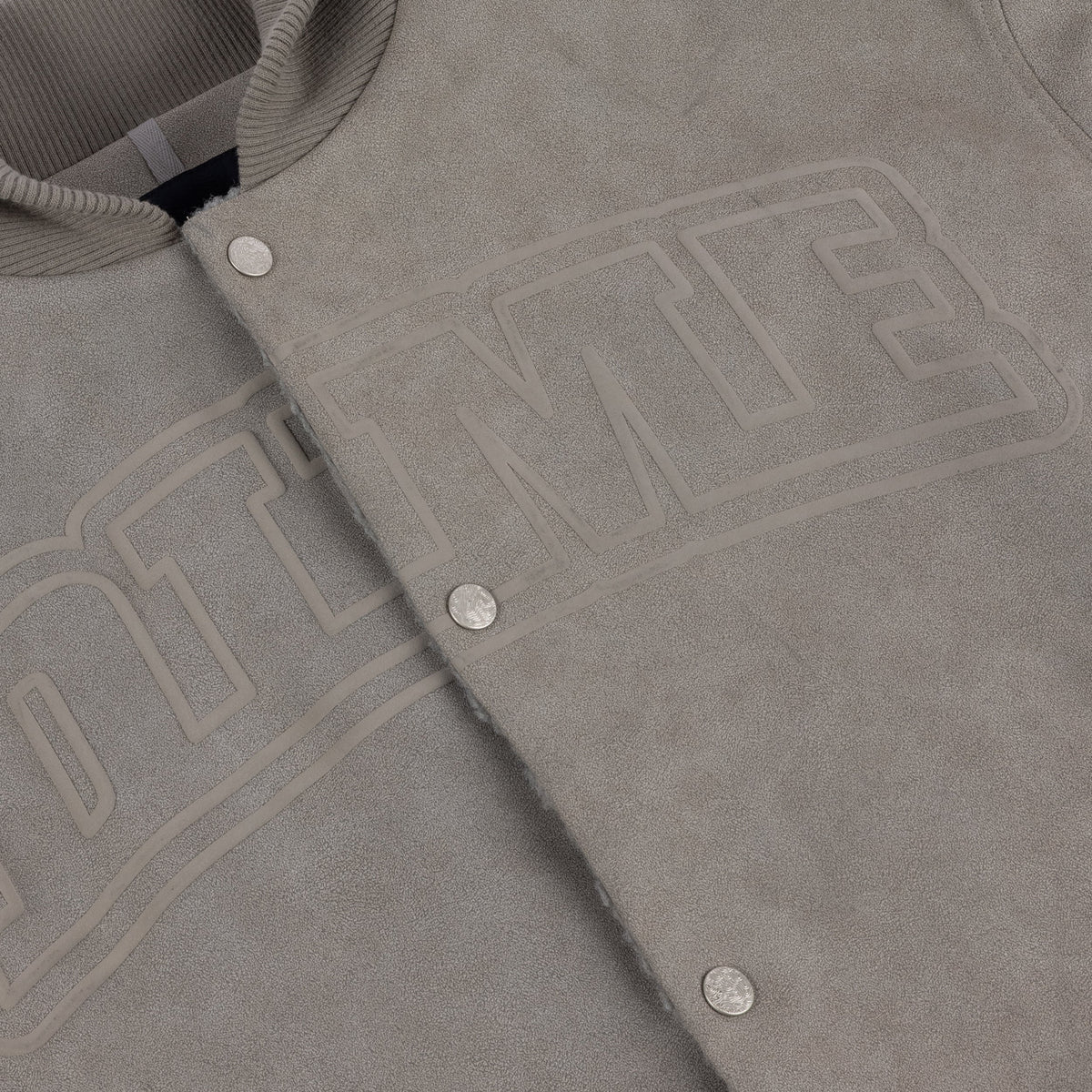 Dime MTL Faux Suede Varsity Jacket Gray — detail