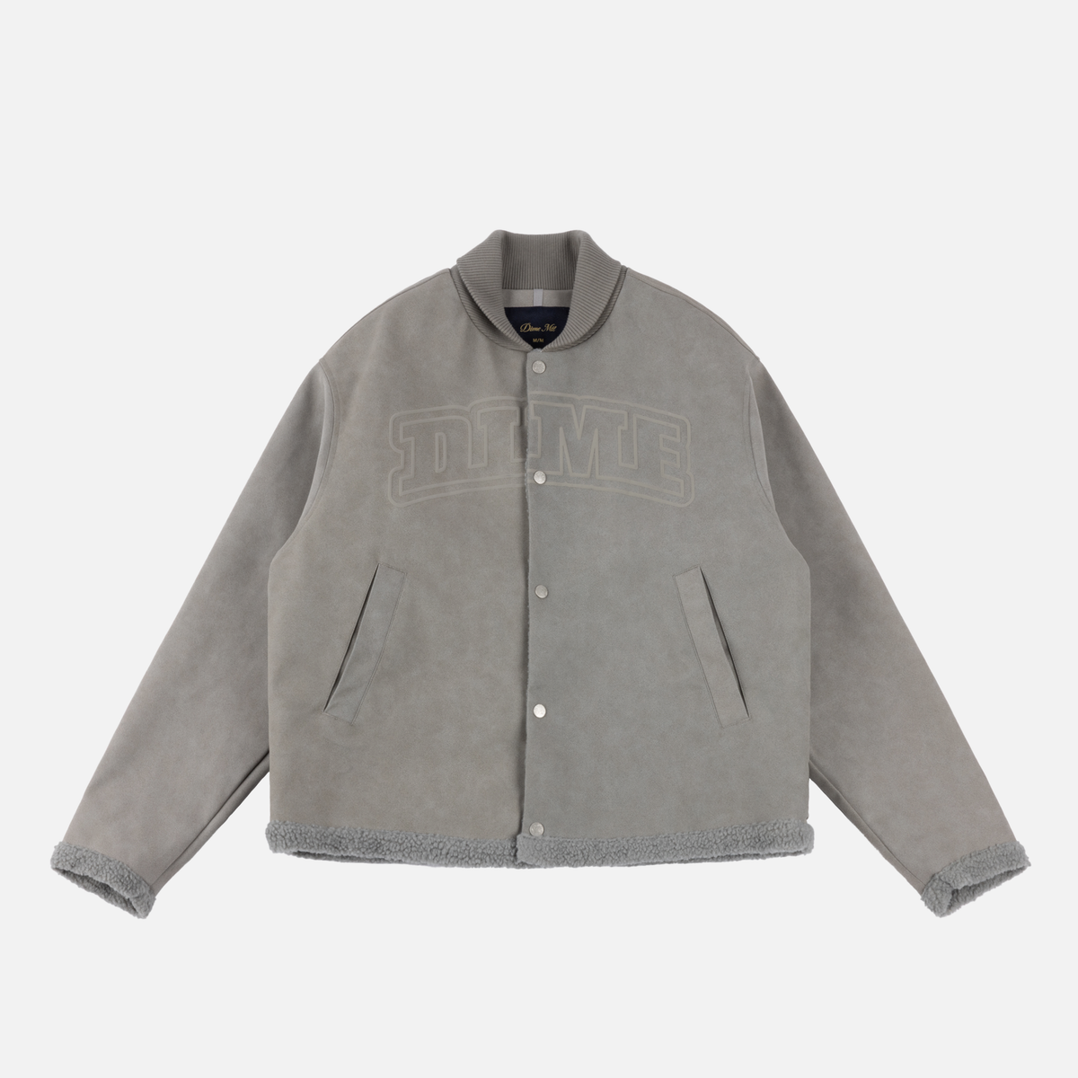 Dime MTL Faux Suede Varsity Jacket Gray — product shot