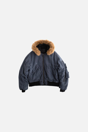 Jungles Jungles Fur Hood Bomber in black, front view