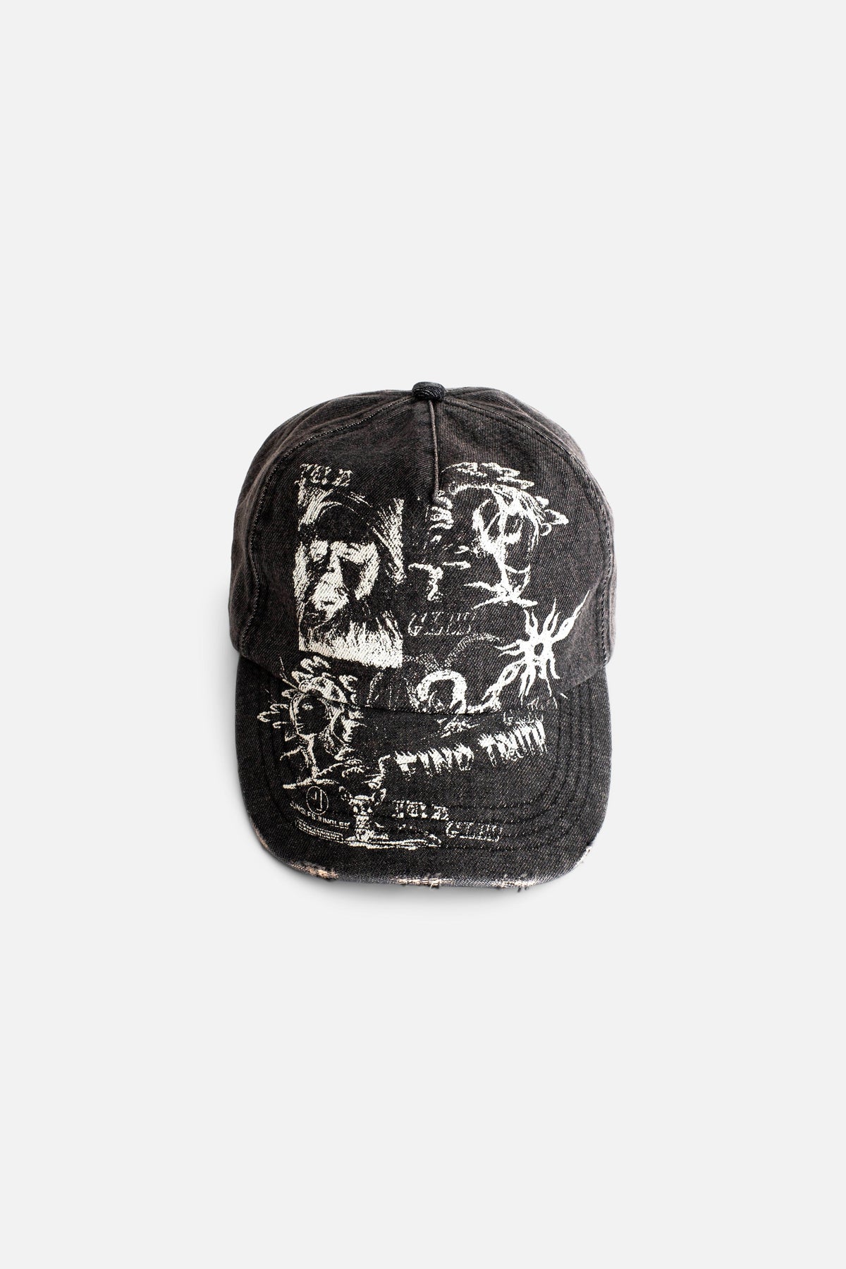 Jungles Jungles Find Truth Distressed Cap black, side view of heavily washed 5-panel