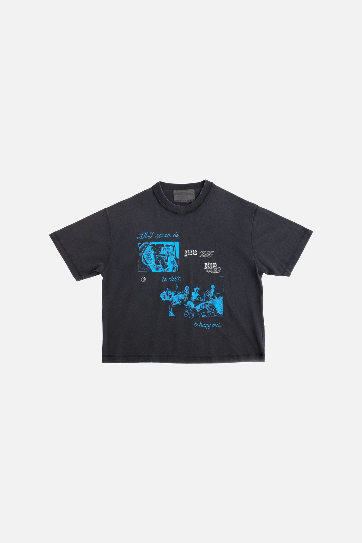 Jungles Jungles Chill And Hangout Tee in black, front view with screen print