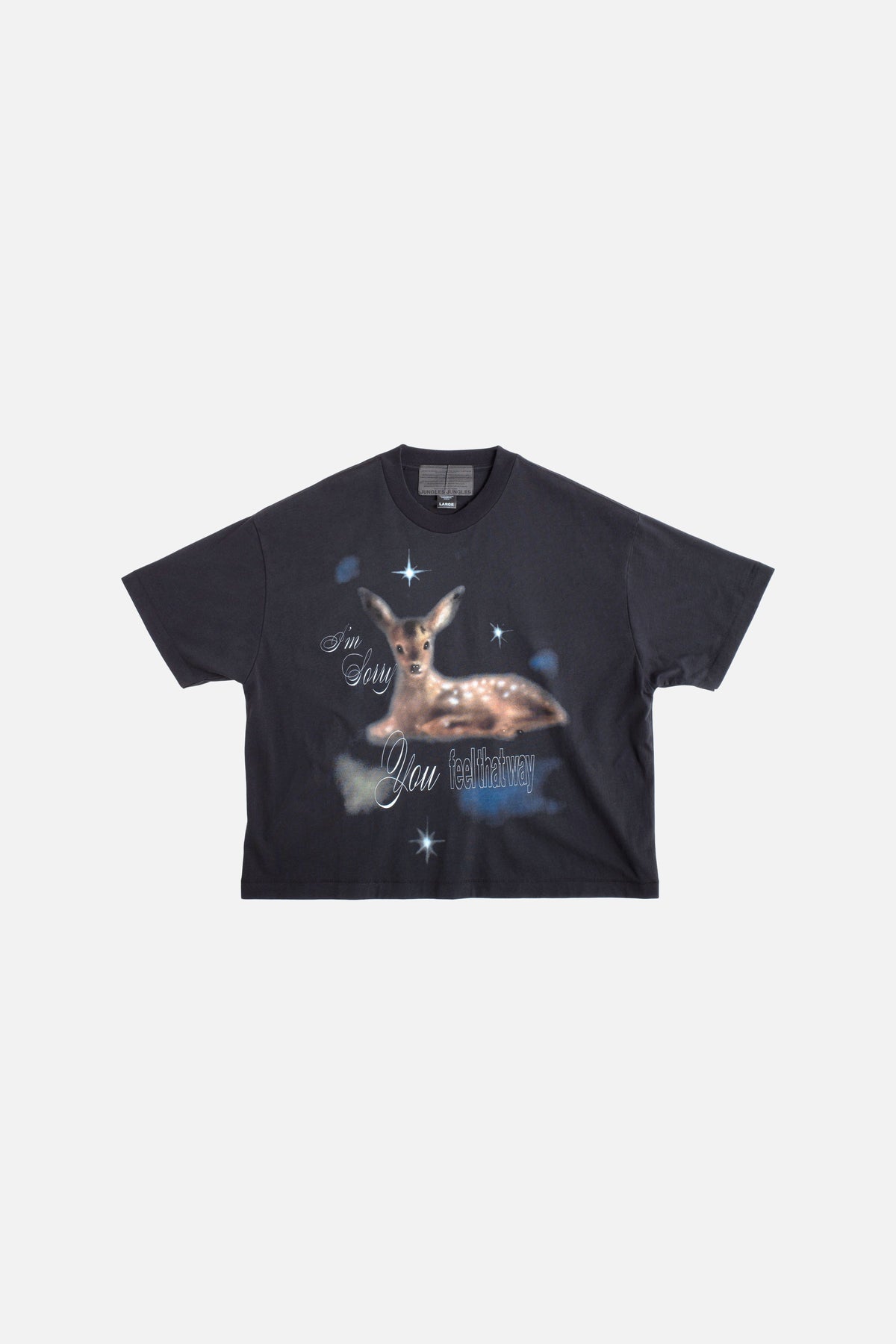 Jungles Jungles I'm Sorry Tee in black, front view with airbrush artwork by J.Ferg