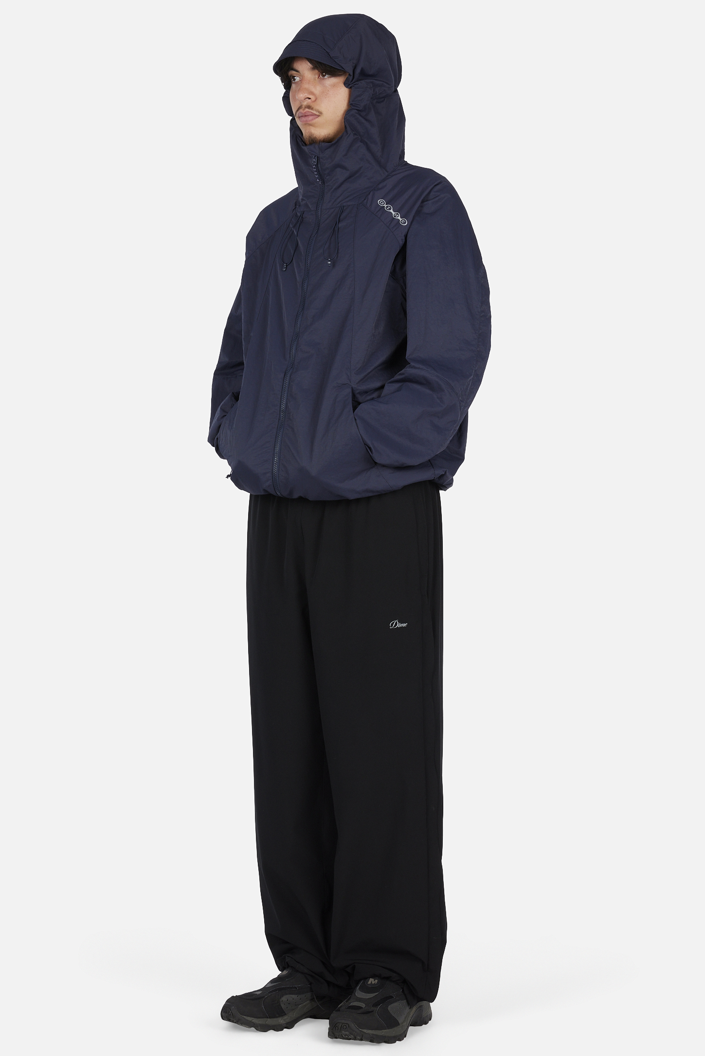 Dime MTL Crinkled Tech Windbreaker Dark Navy — worn by model