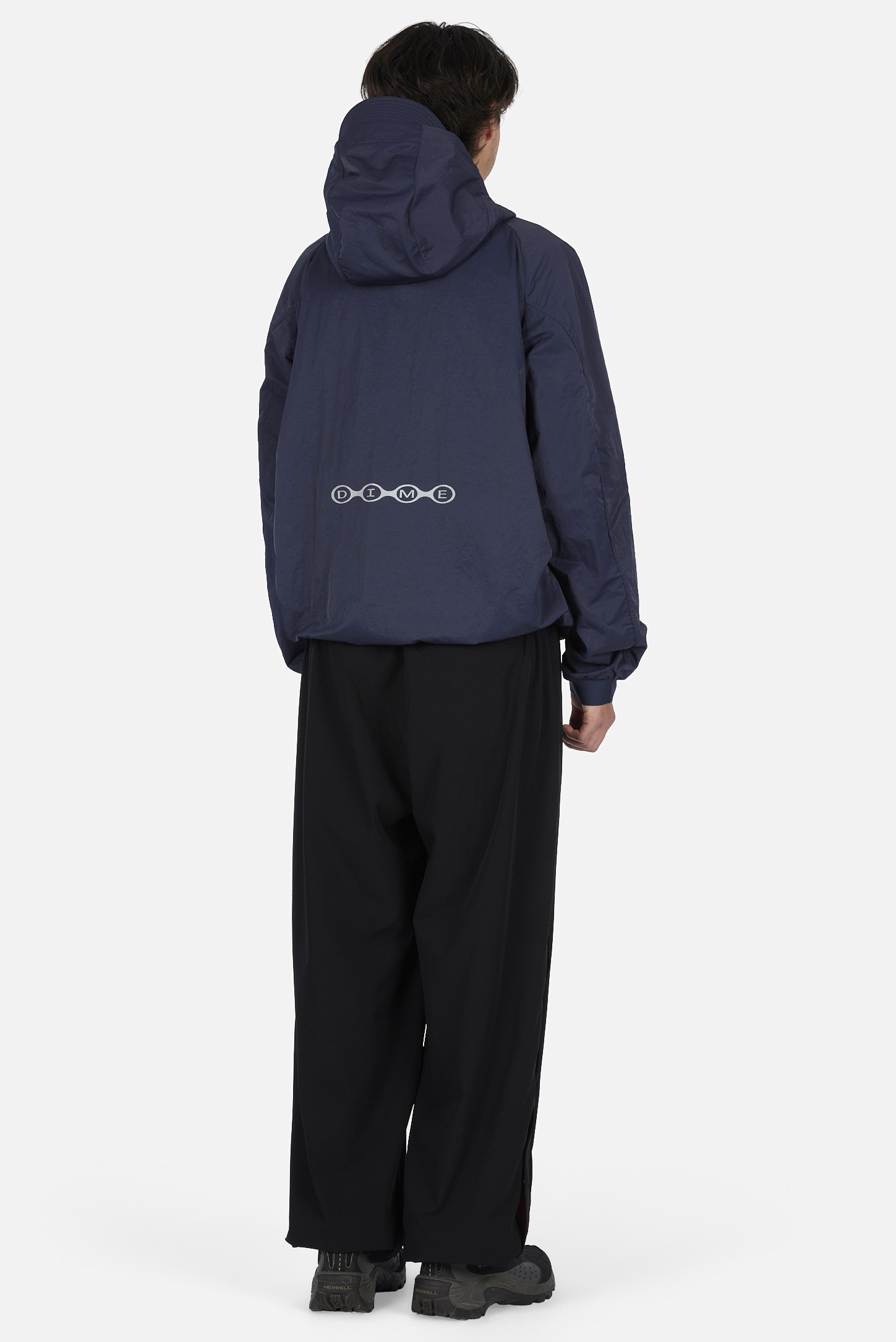 Dime MTL Crinkled Tech Windbreaker Dark Navy — worn by model