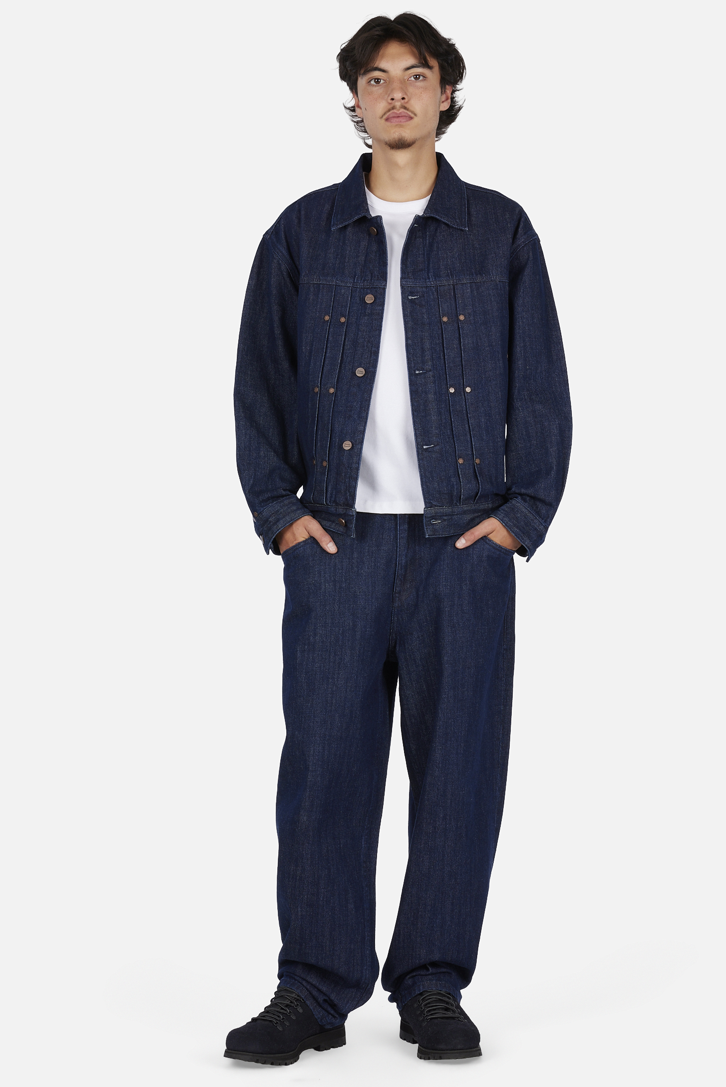 Dime MTL Pleated Denim Jacket Indigo — worn by model
