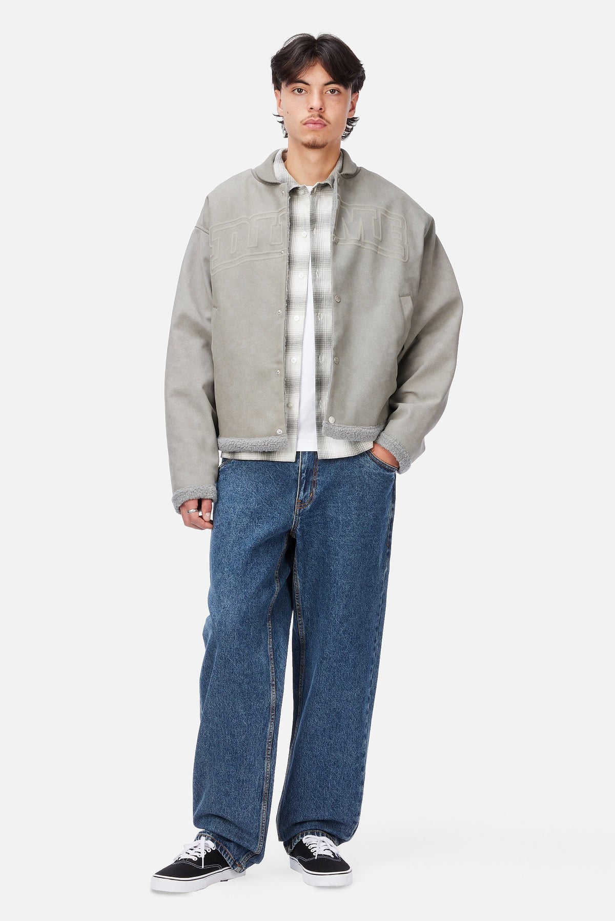 Dime MTL Faux Suede Varsity Jacket Gray — worn by model