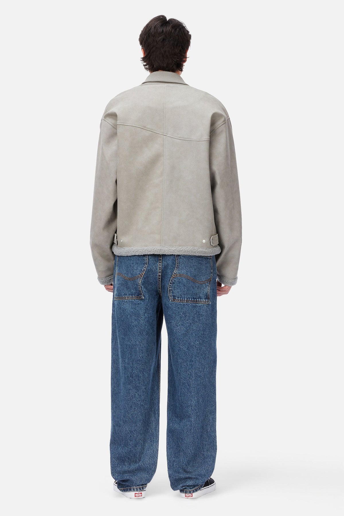 Dime MTL Faux Suede Varsity Jacket Gray — worn by model
