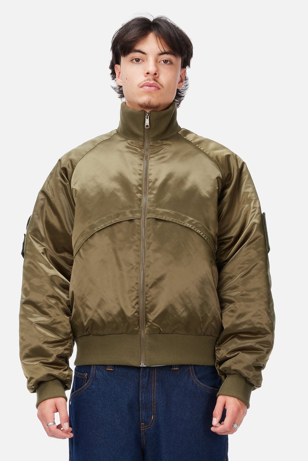 Dime MTL Utility Bomber Jacket Olive — worn by model
