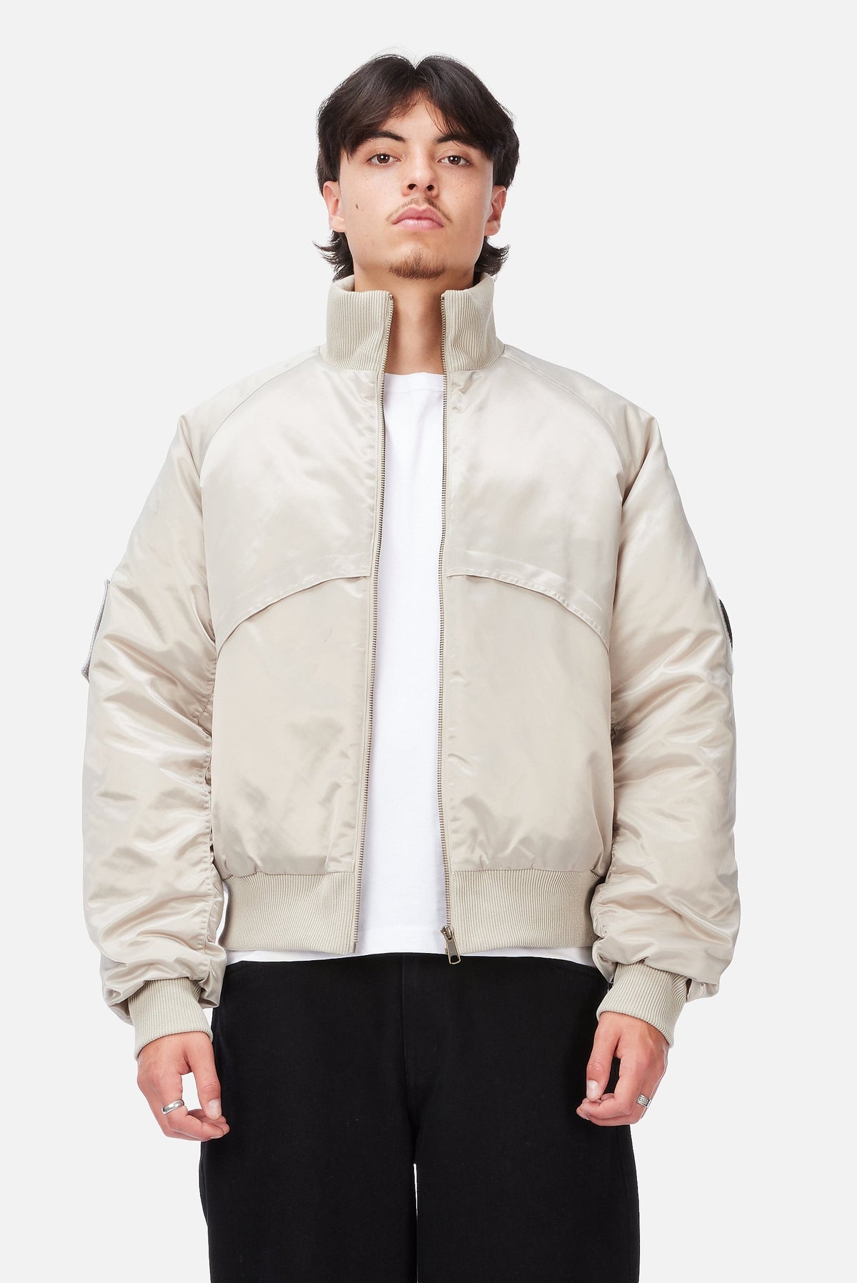 Dime MTL Utility Bomber Jacket Pearl — worn by model