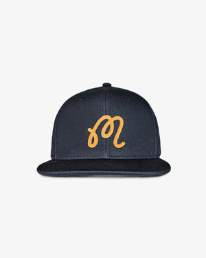 Malbon Golf M Script Snapback in blueberry, front view — embroidered M-script golf snapback, Gallery Streetwear Canada