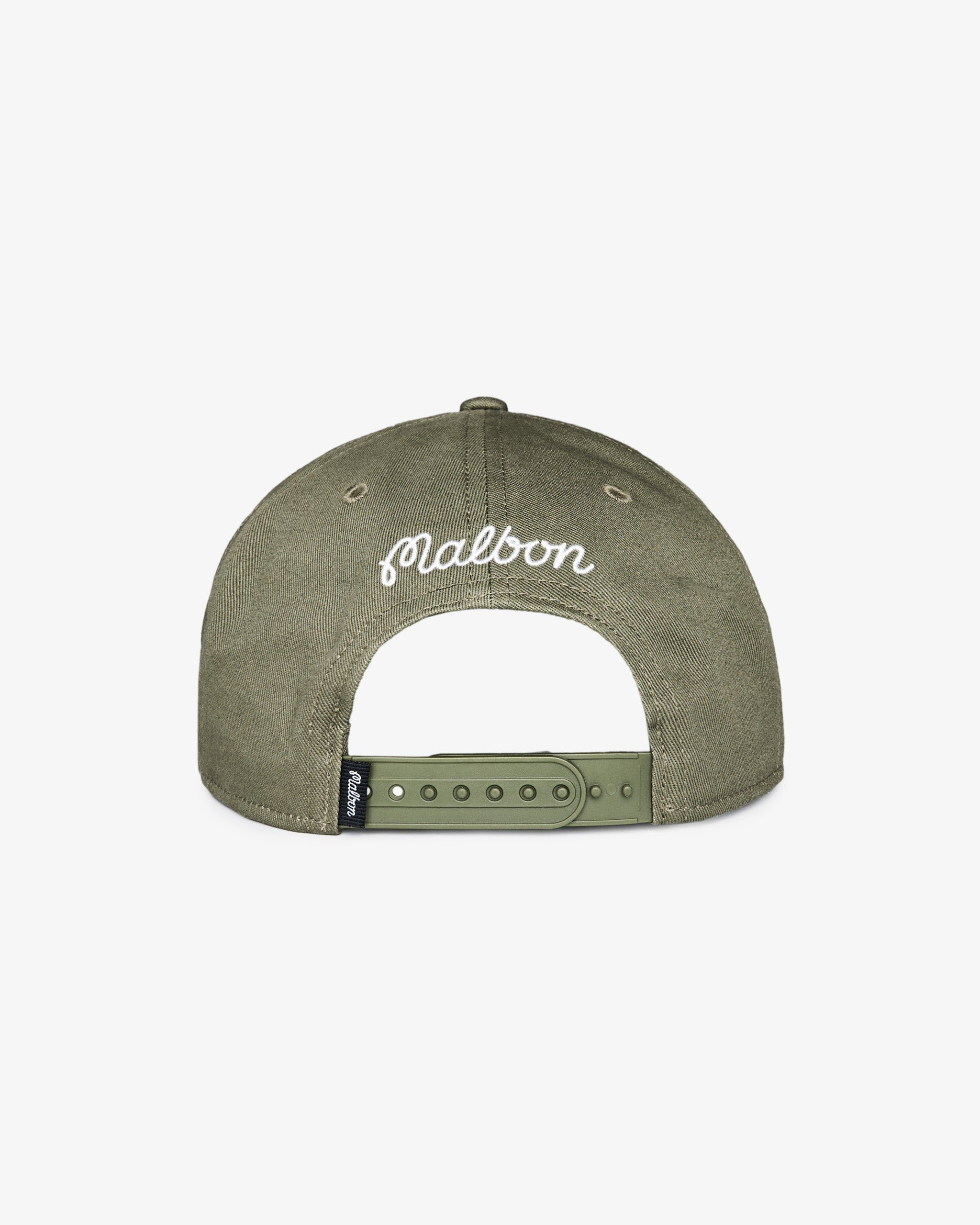 Malbon Golf M Script Snapback military green, back view — snapback closure, Gallery Streetwear Kelowna