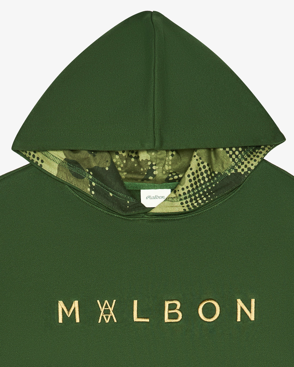 Malbon Golf x Daniel Arsham Shards Hoodie – Olive Stealth Camo — product view, olive camo pullover hoodie with Arsham shards graphic, Gallery Streetwear Canada