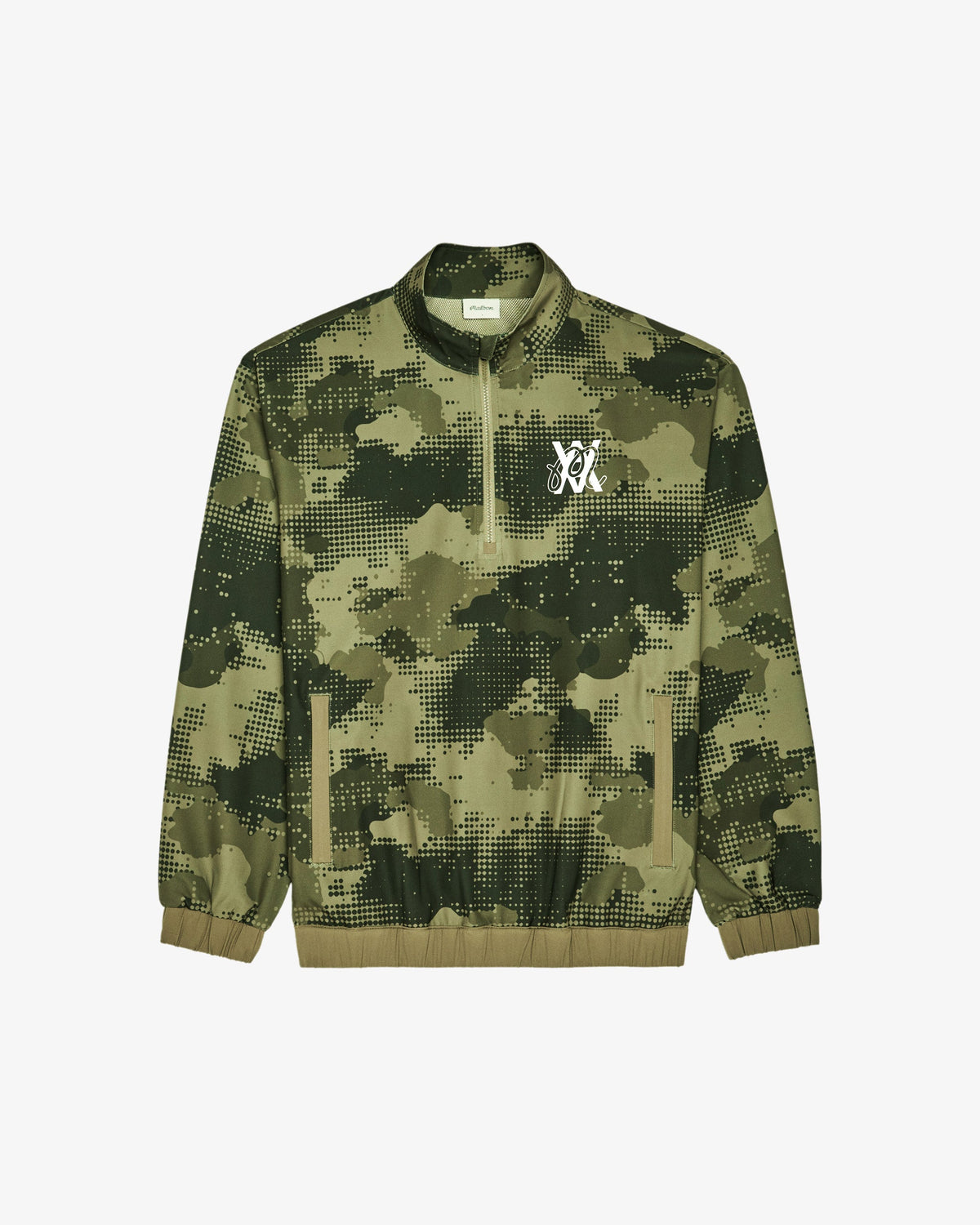 Malbon Golf x Daniel Arsham Stealth Quarter Zip – Olive Stealth Camo — front view, olive camo quarter-zip golf midlayer, Gallery Streetwear Canada