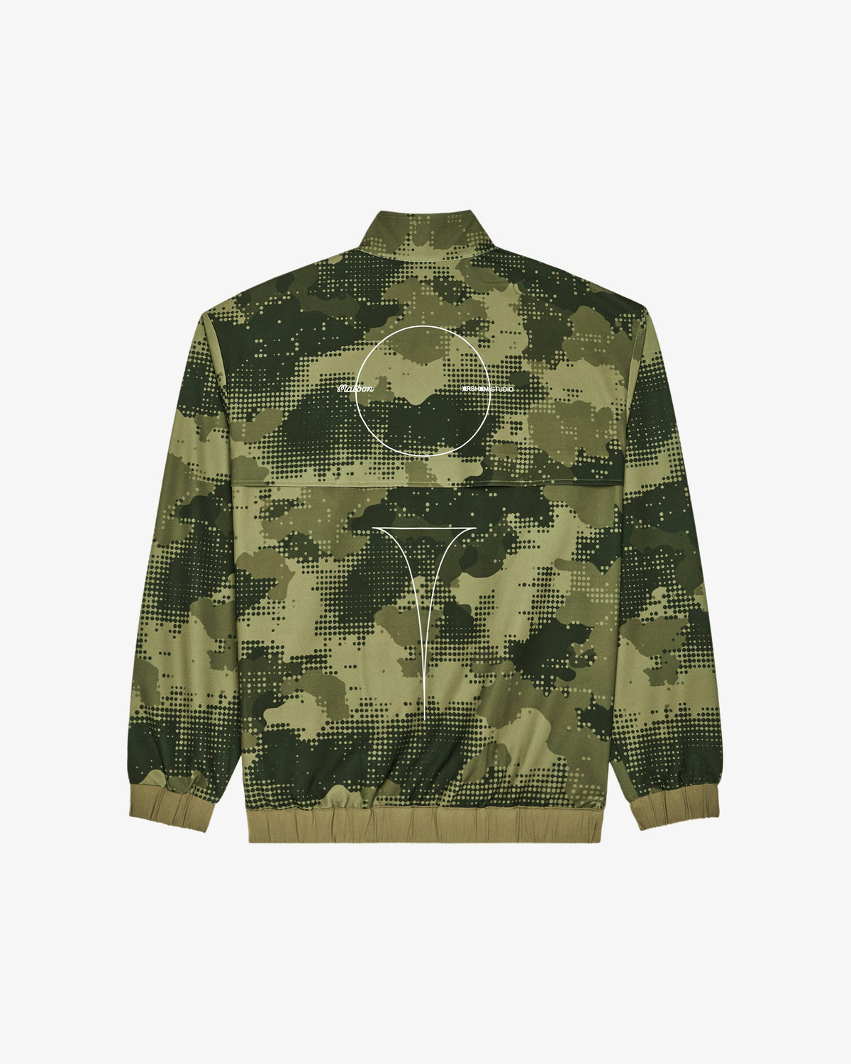 Malbon Golf x Daniel Arsham Stealth Quarter Zip – Olive Stealth Camo — product view, olive camo quarter-zip golf midlayer, Gallery Streetwear Canada