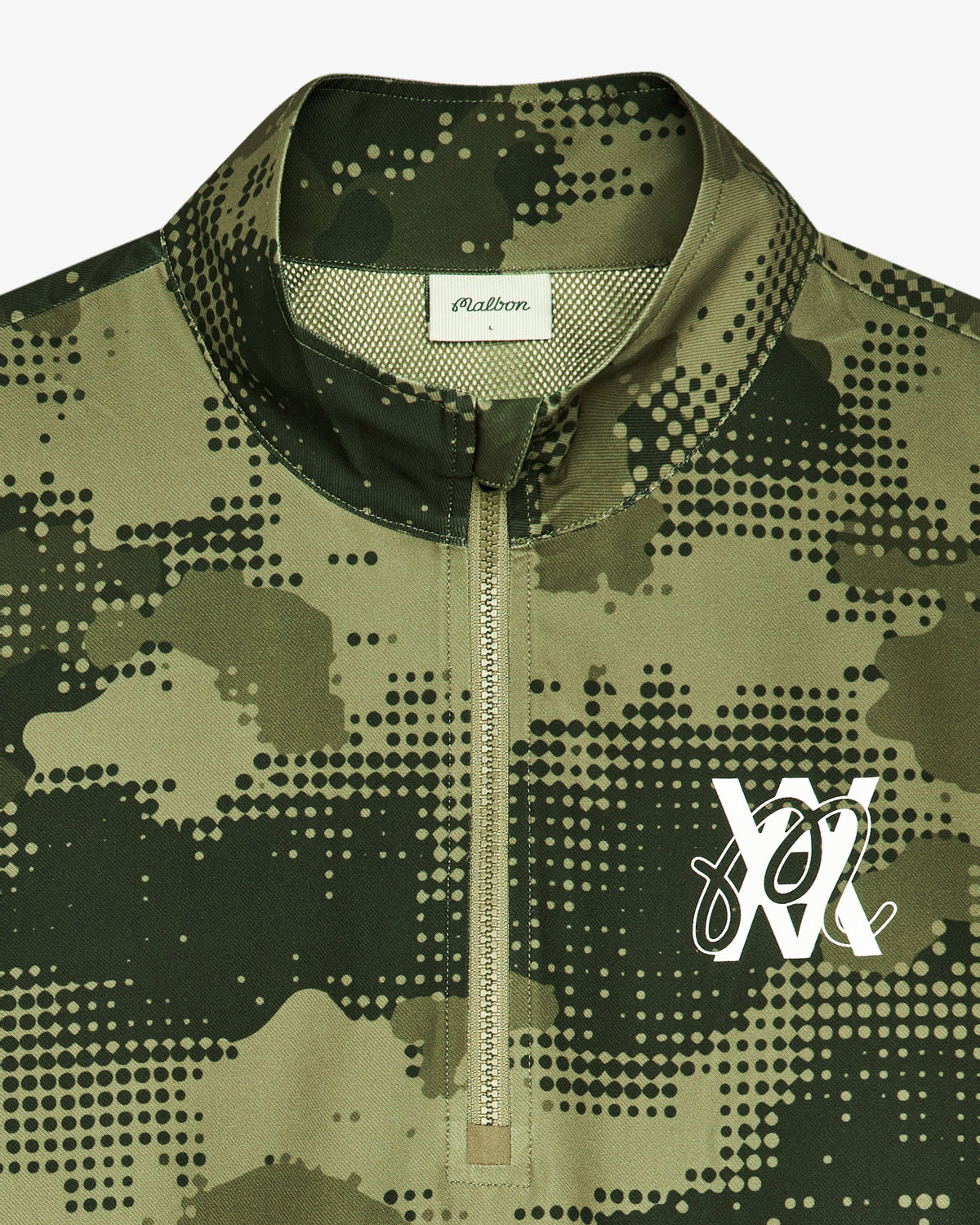 Malbon Golf x Daniel Arsham Stealth Quarter Zip – Olive Stealth Camo — product view, olive camo quarter-zip golf midlayer, Gallery Streetwear Canada